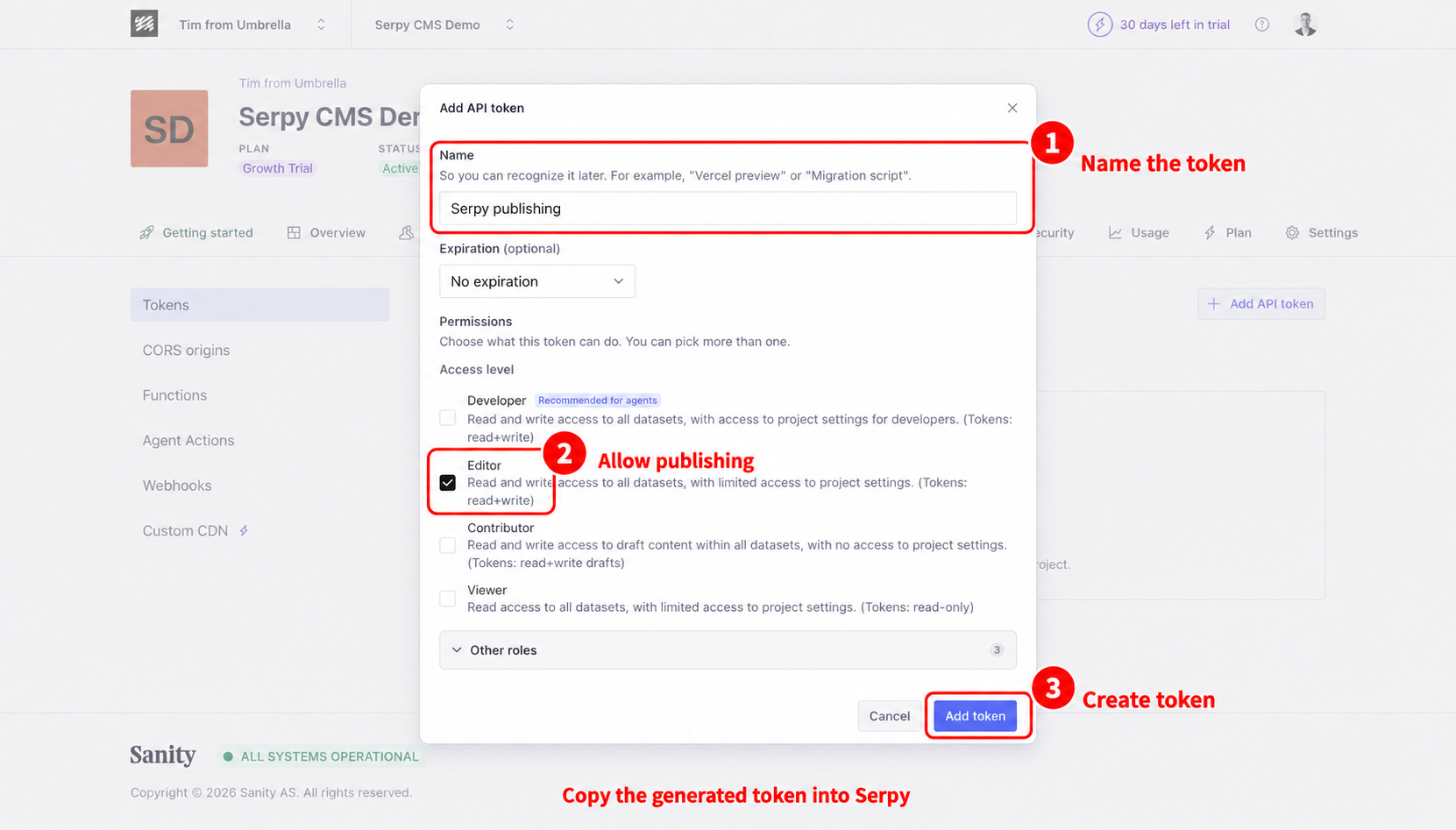 Create a Sanity API token with publishing permissions