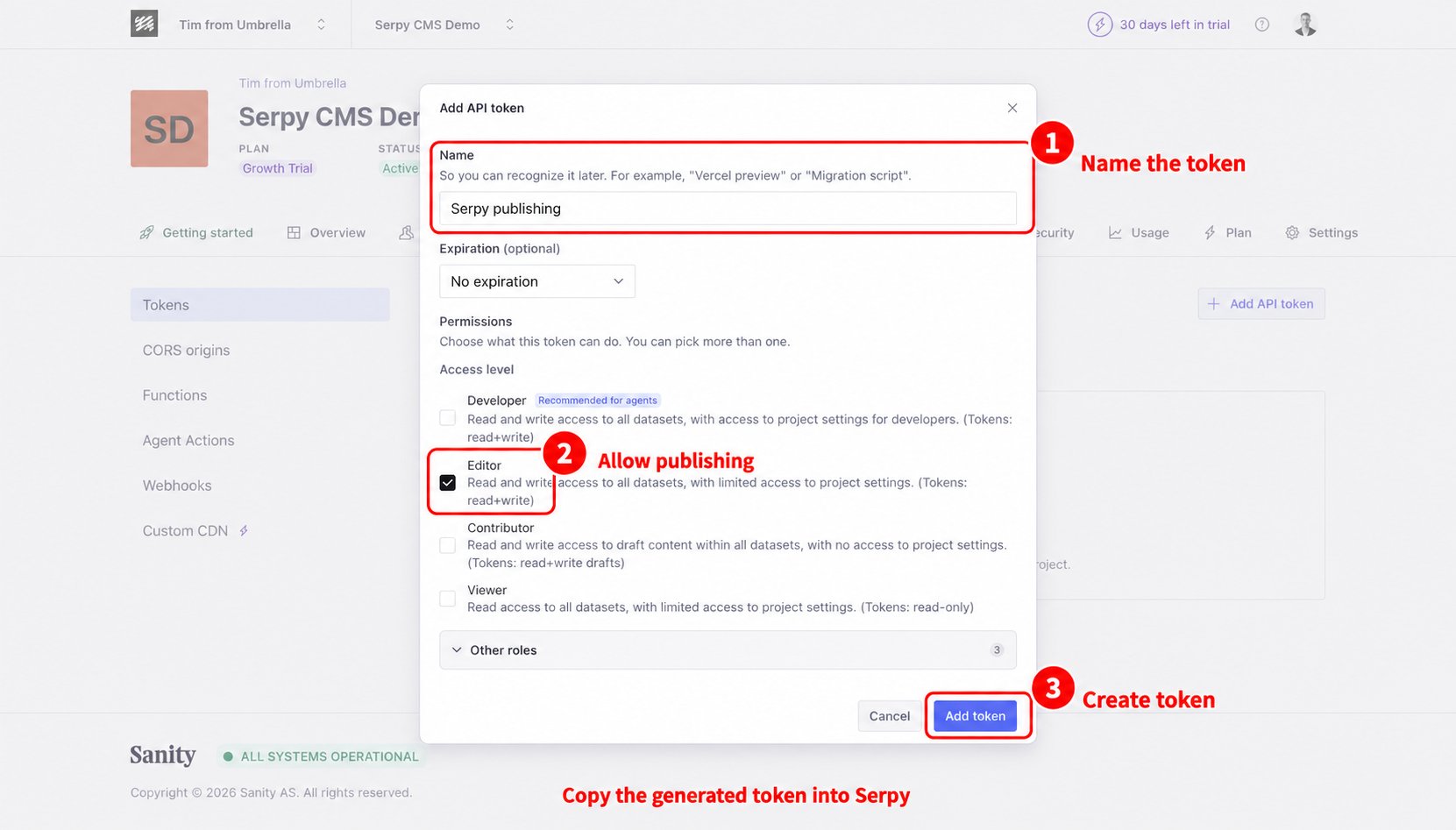 Create a Sanity API token with publishing permissions