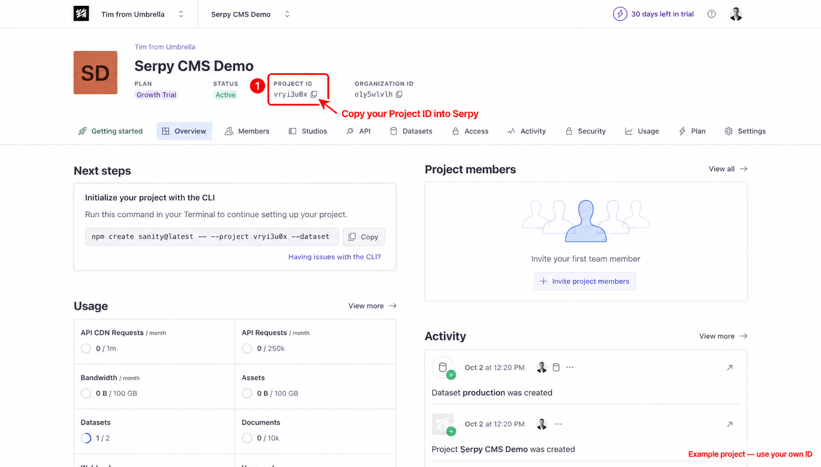 Copy the Sanity Project ID from the project overview