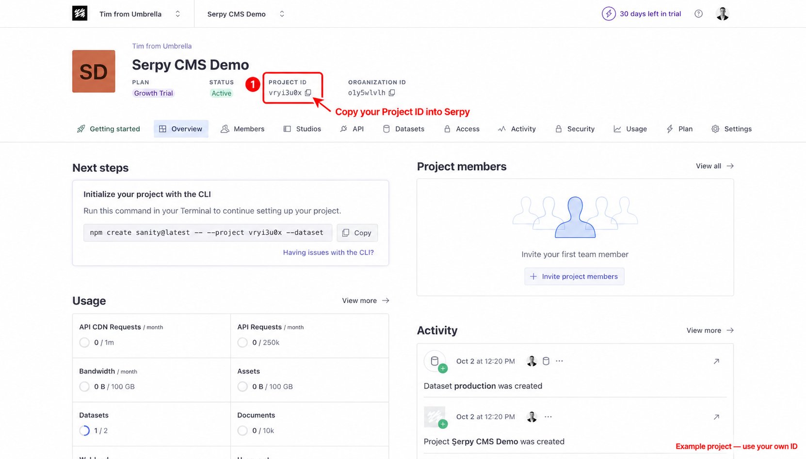 Copy the Sanity Project ID from the project overview