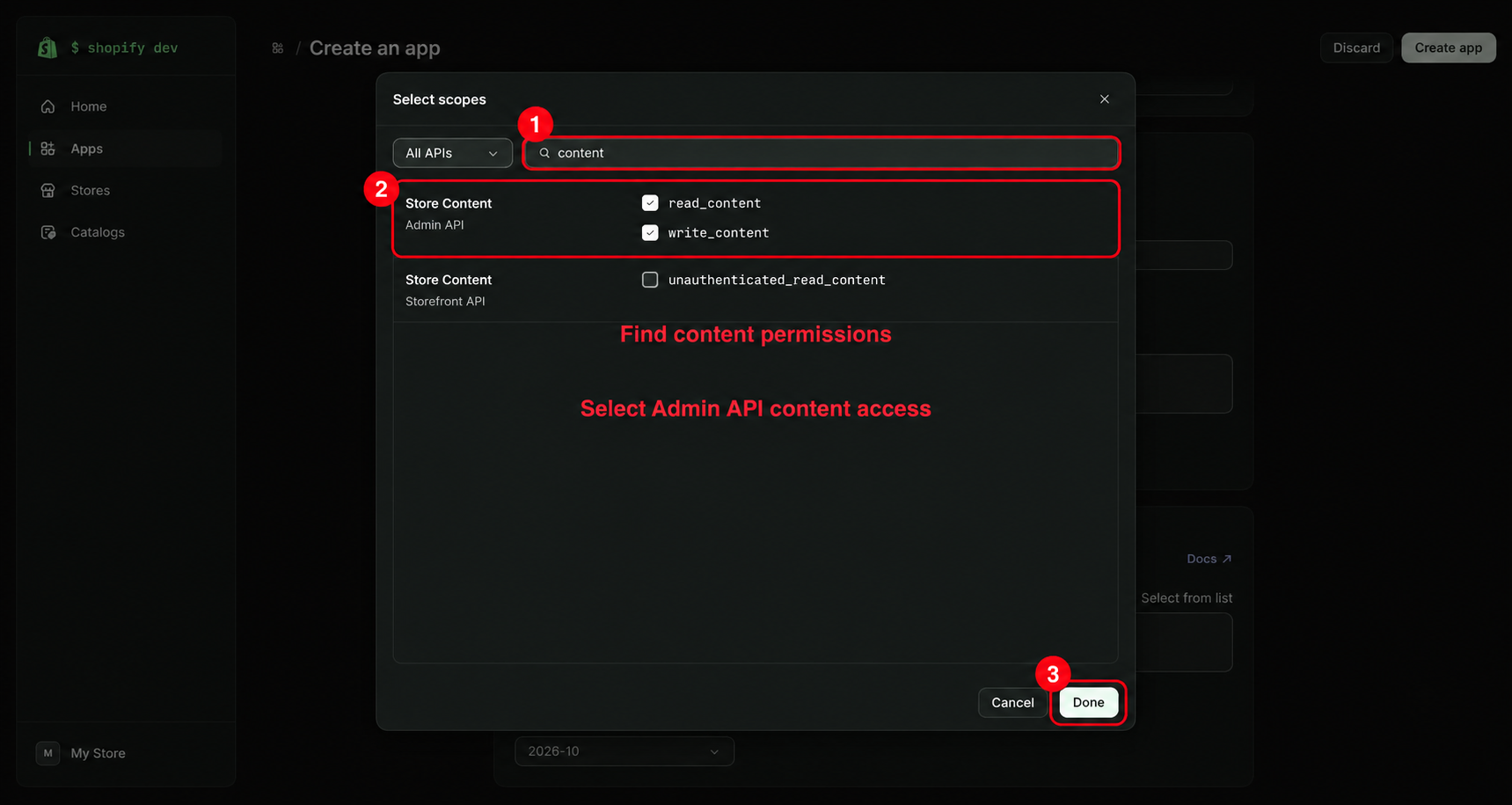 Select Shopify blog content permissions