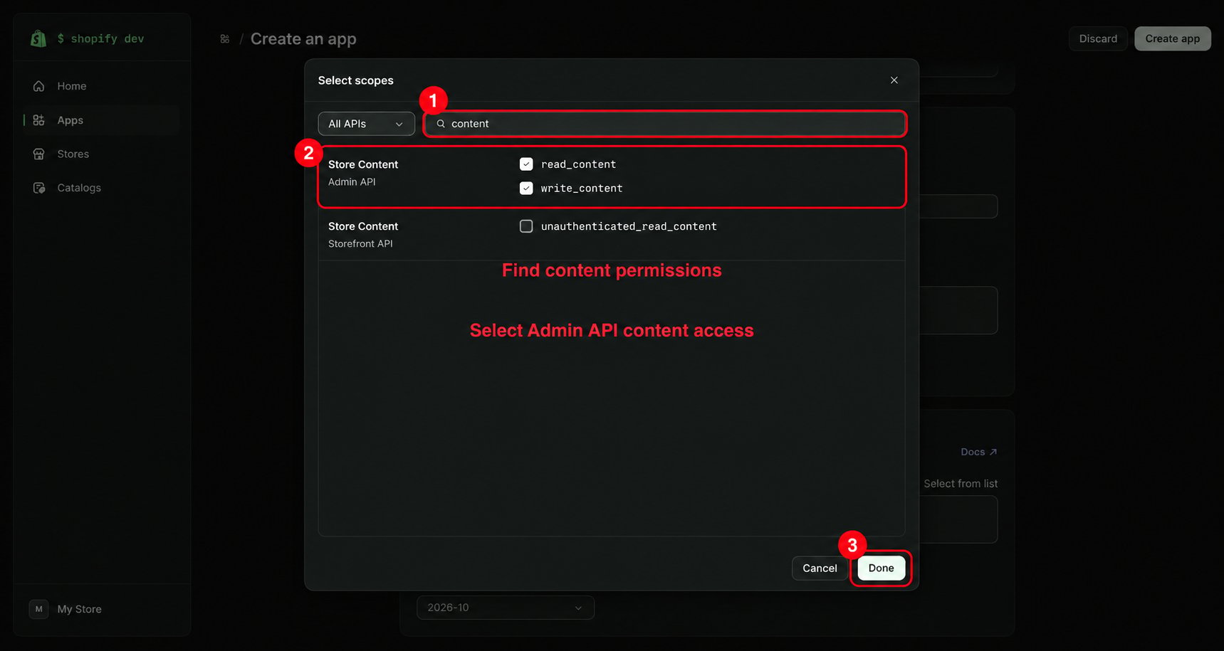 Select Shopify blog content permissions
