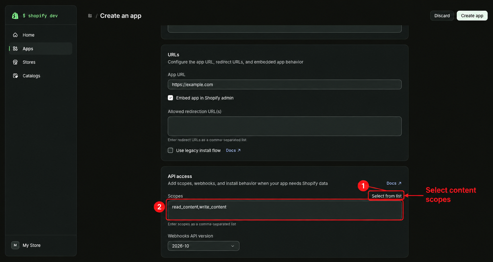 Open the Shopify app scope selector