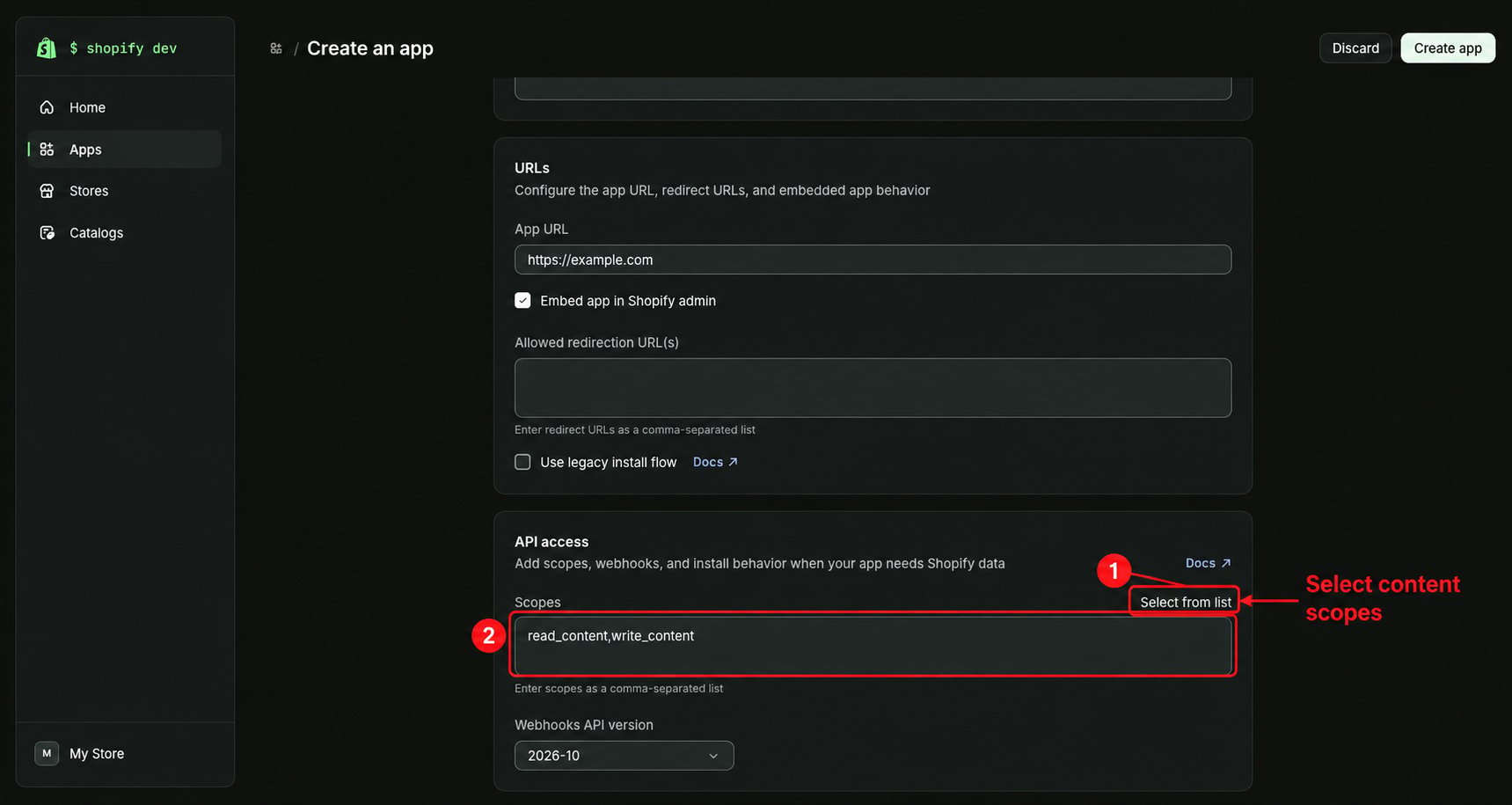 Open the Shopify app scope selector