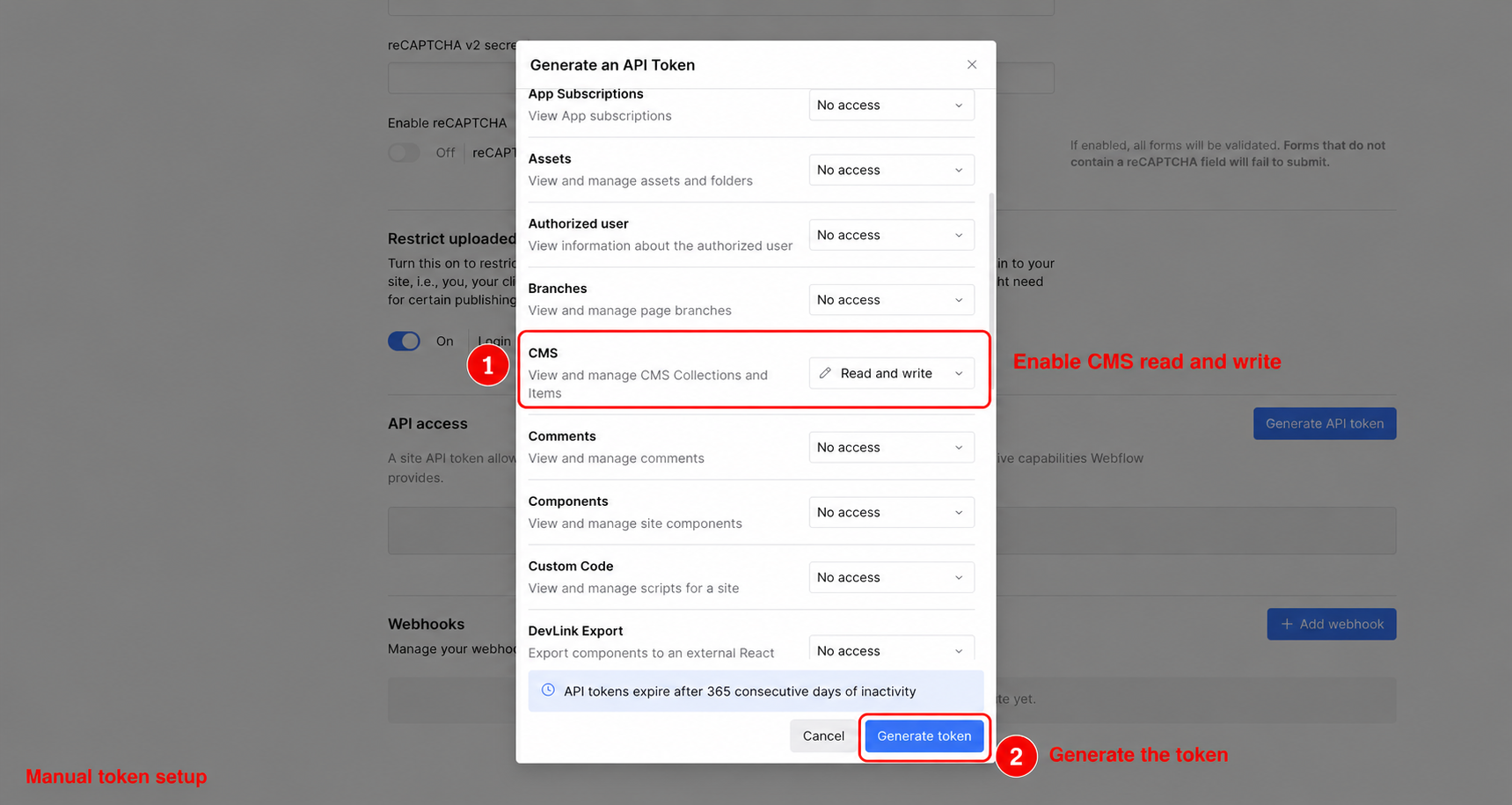 Set Webflow CMS permissions when generating an API token
