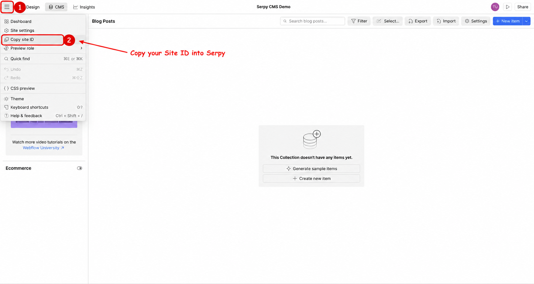 Copy the Webflow Site ID from the File menu
