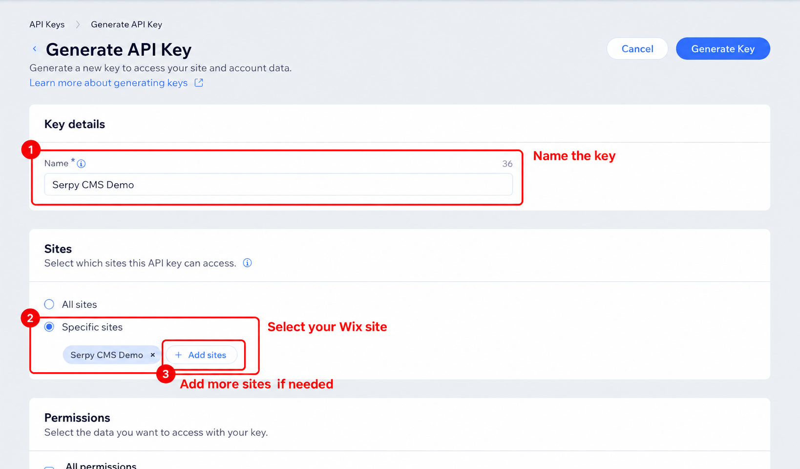 Name the Wix API key and select the publishing site