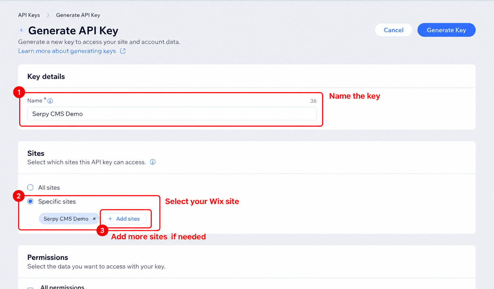 Name the Wix API key and select the publishing site