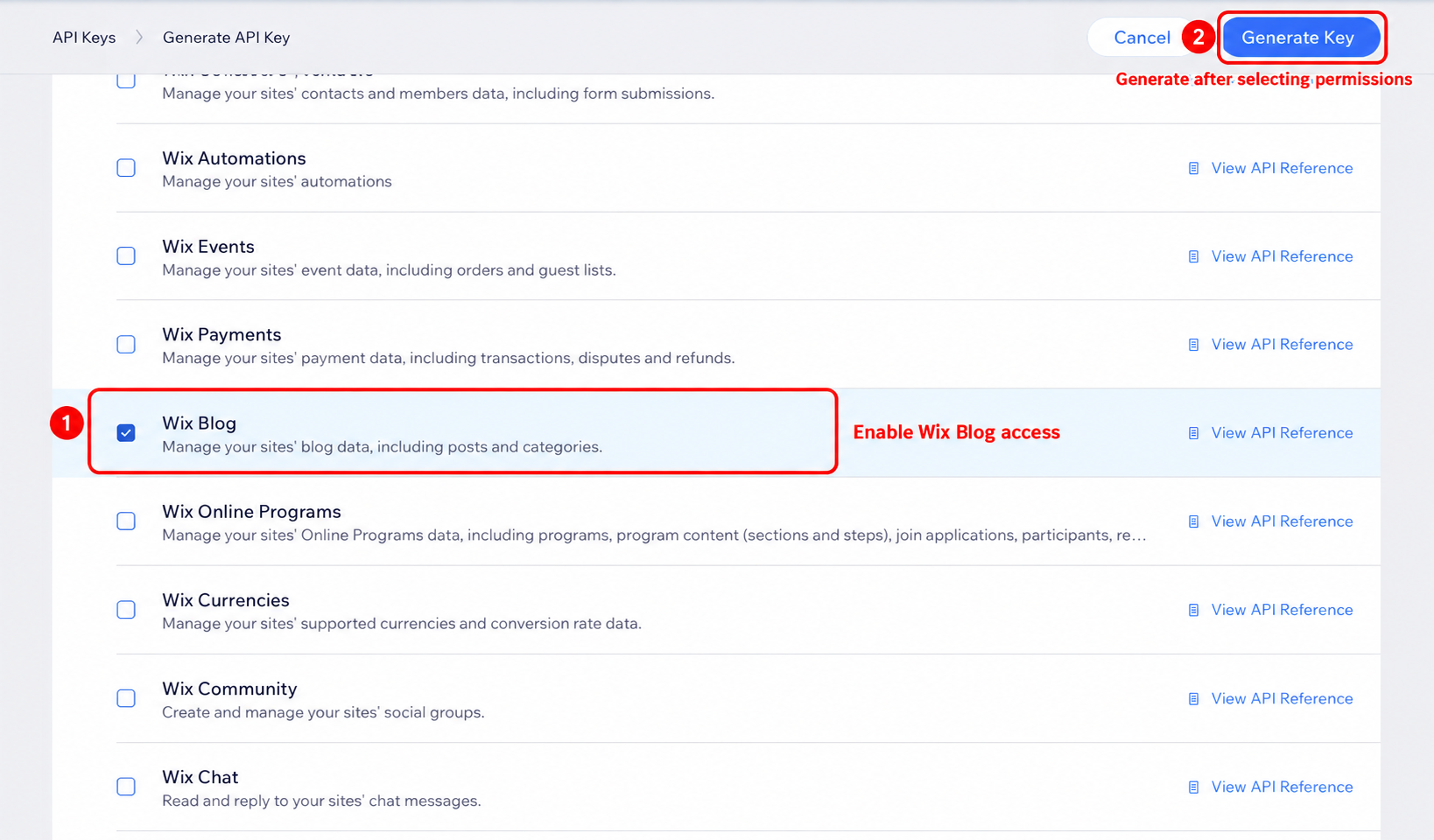 Select the Wix Blog permission and generate the API key