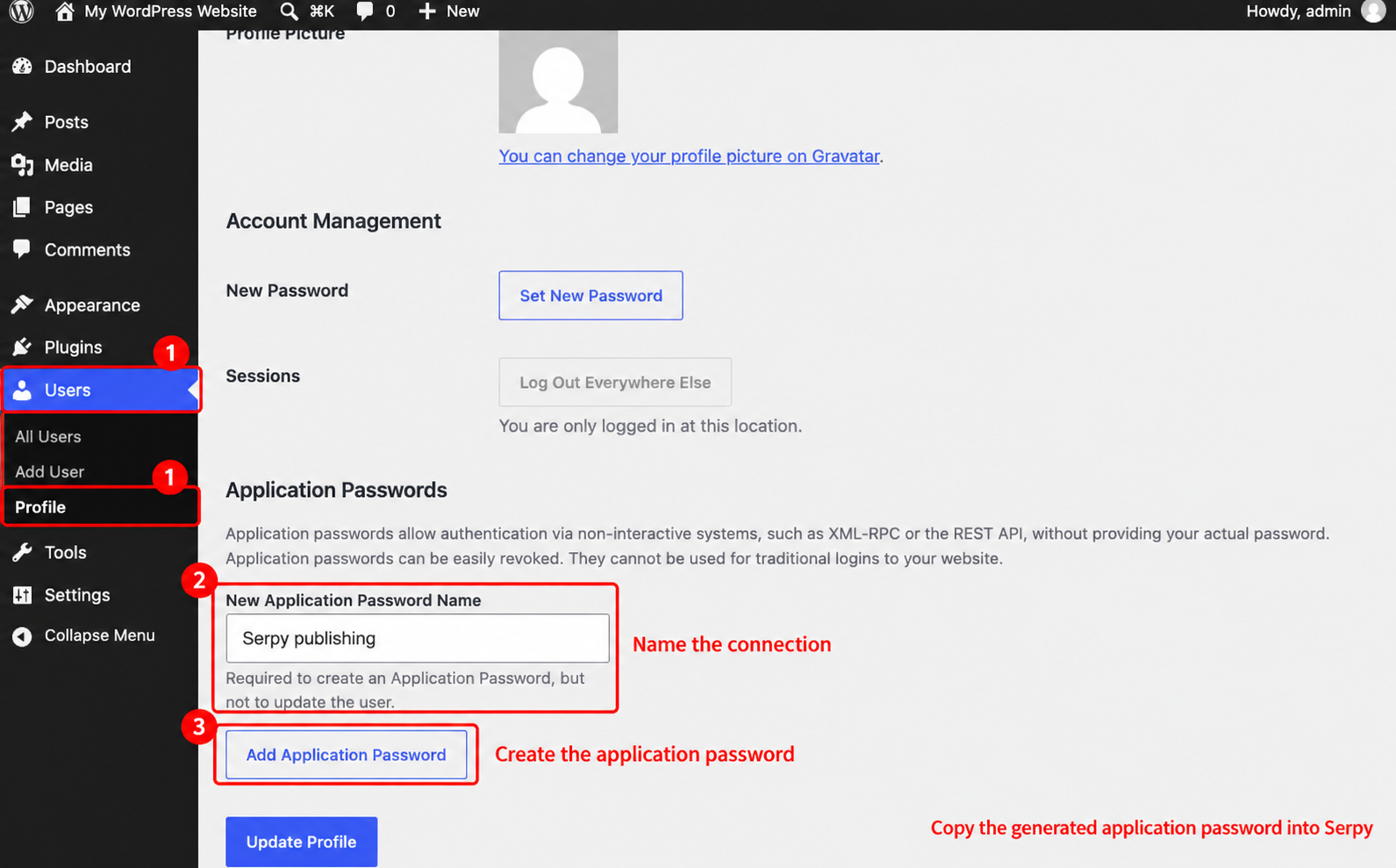 Create a WordPress application password from the user profile