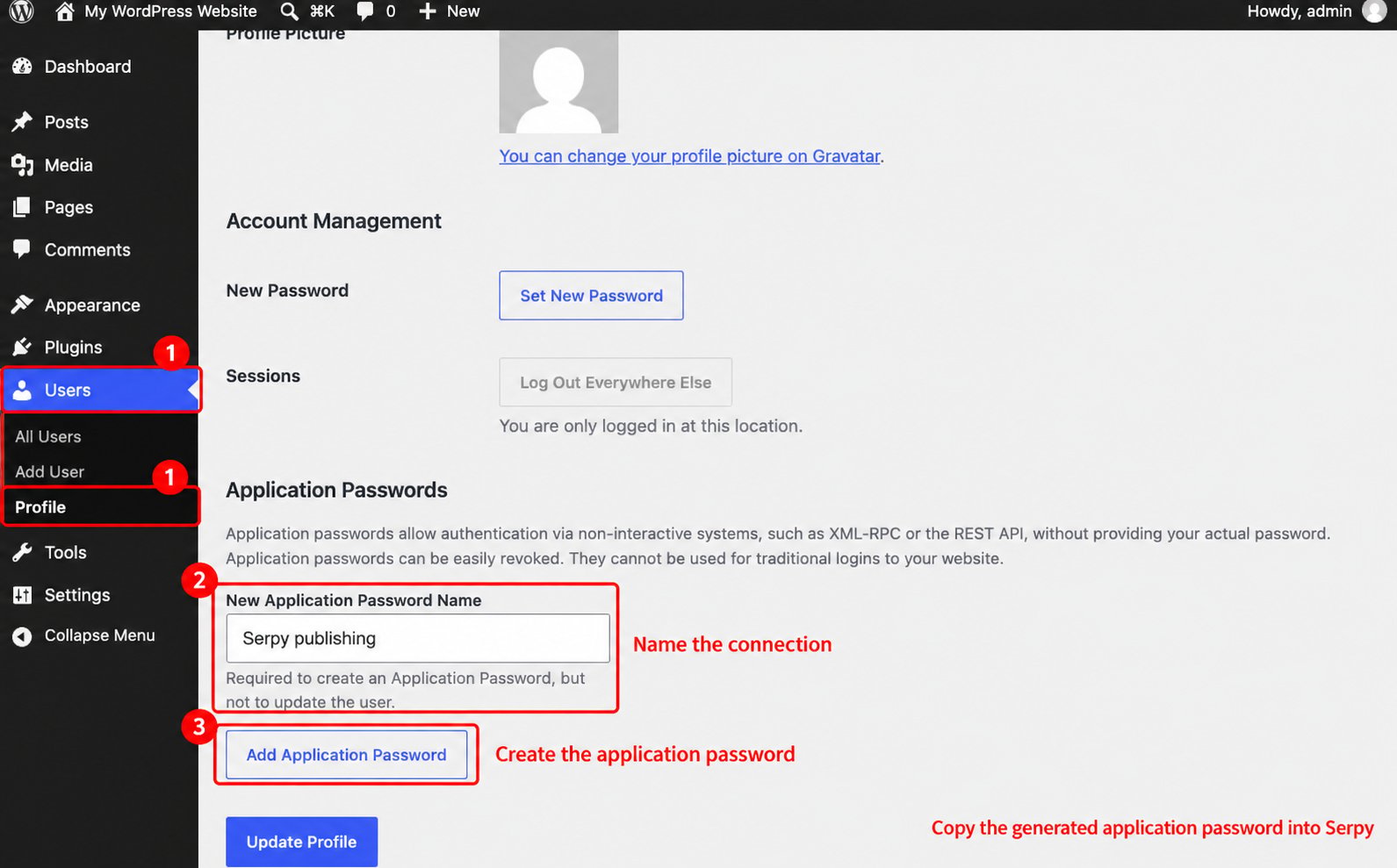Create a WordPress application password from the user profile