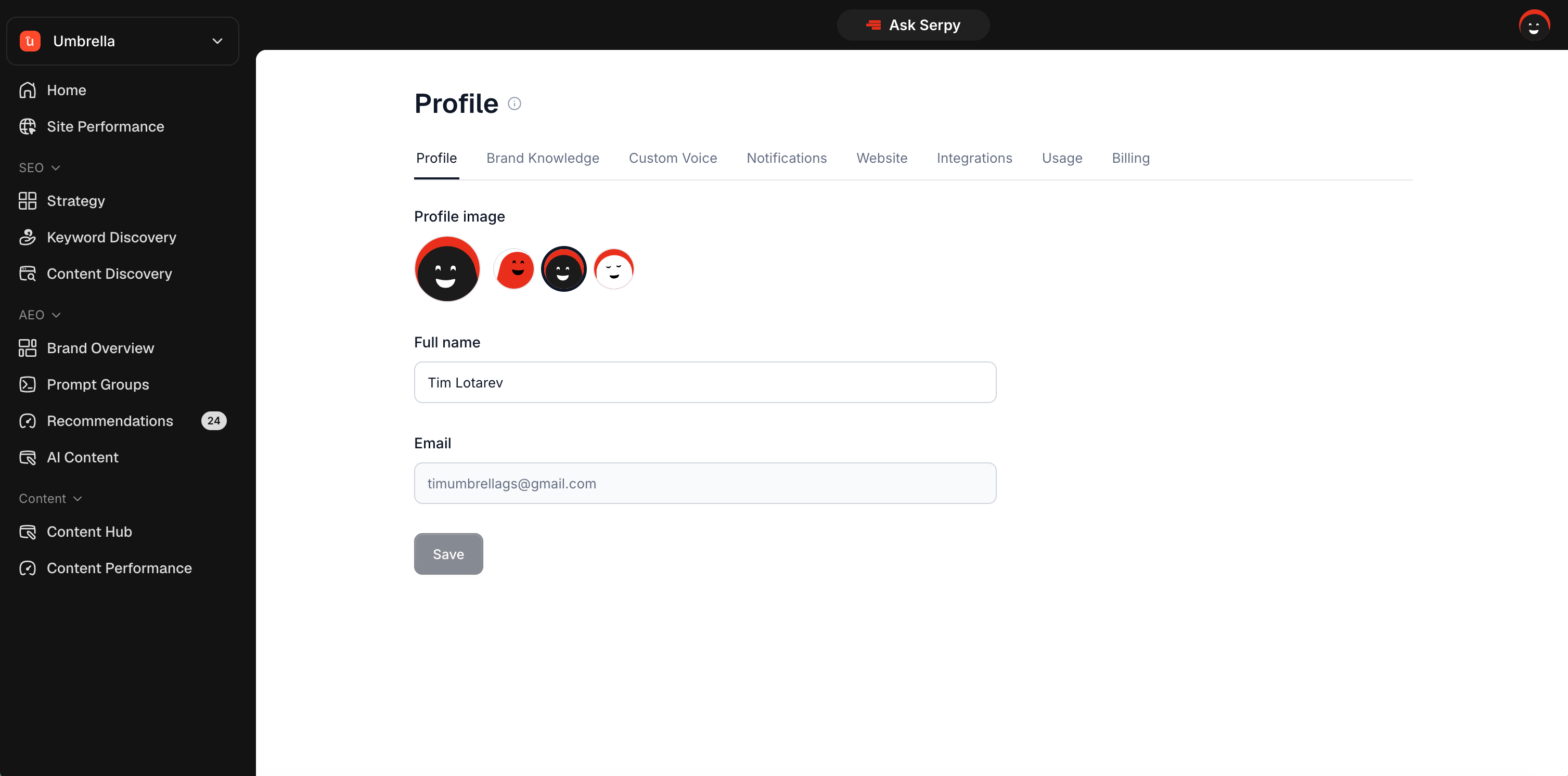 Profile & Website Settings Screen