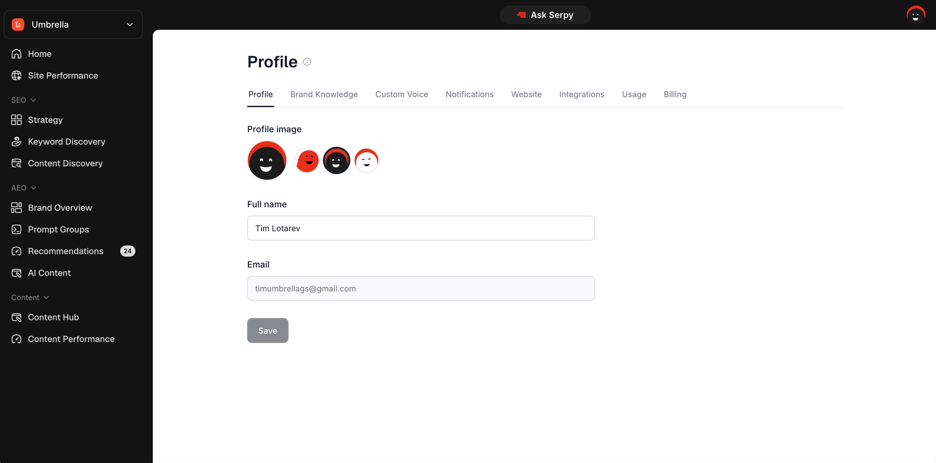 Profile & Website Settings Screen
