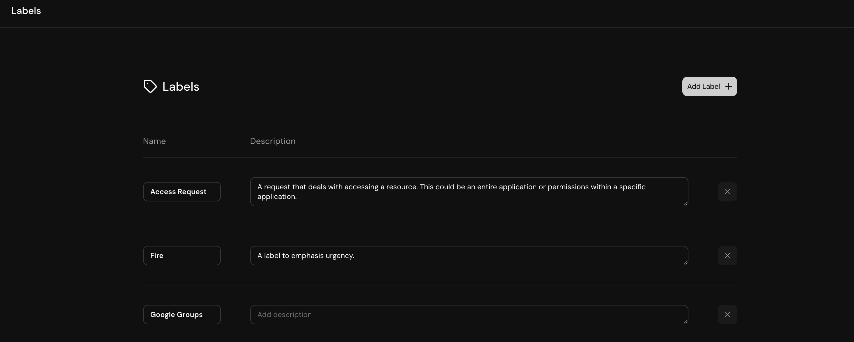 Labels configuration page showing available tags