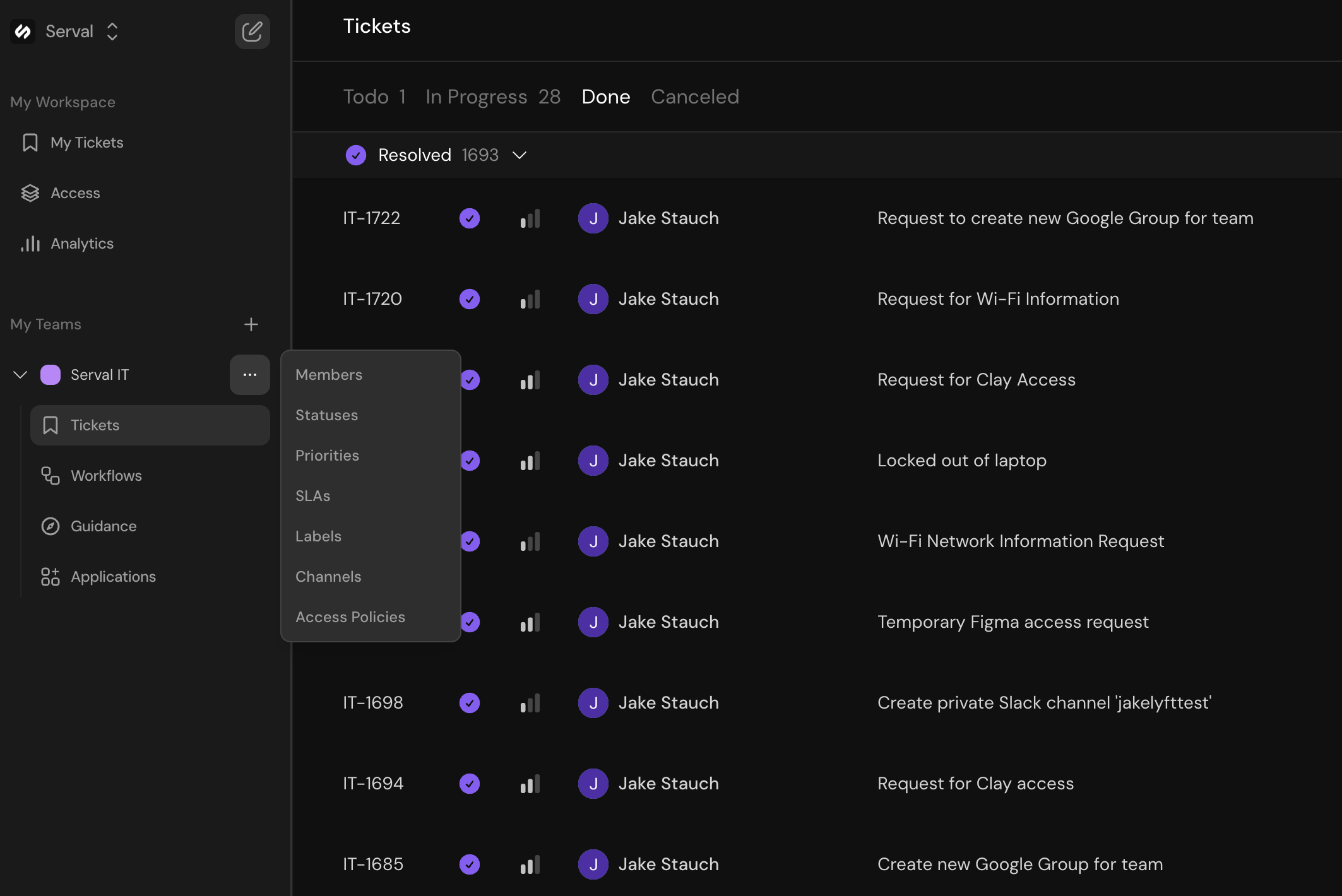 Team settings menu accessible via the three-dot panel
