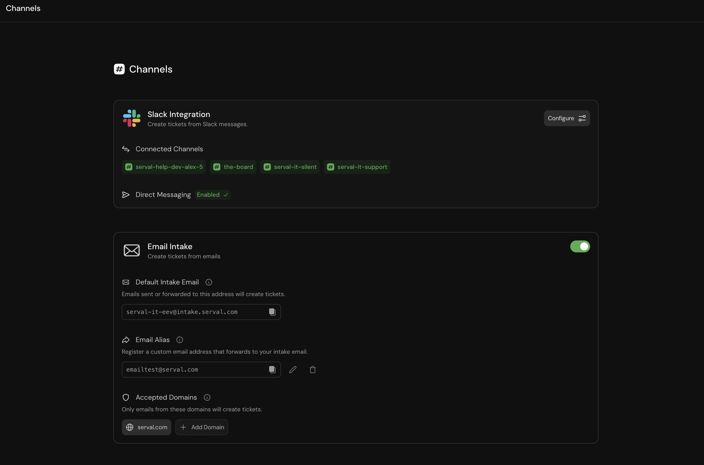 Channels overview page showing all configured intake methods