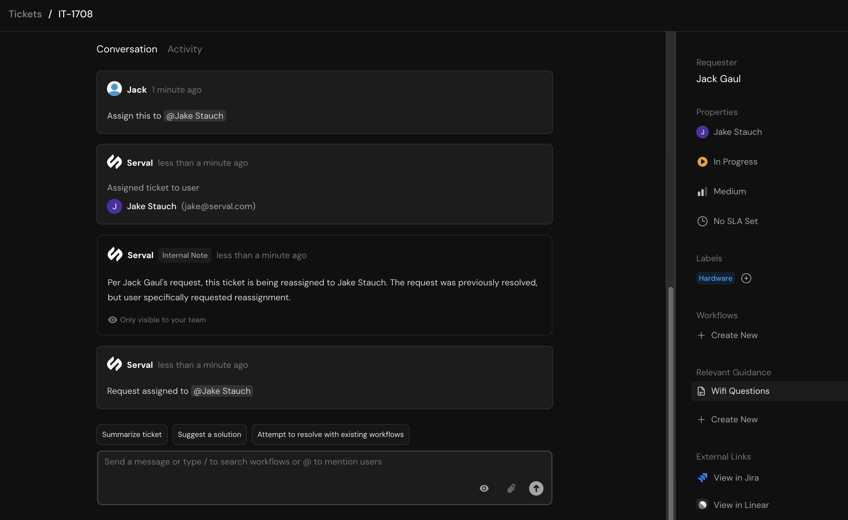 Reassigning ticket through chat command