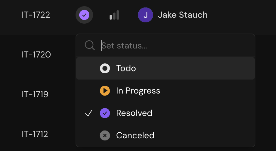 Status dropdown menu showing available ticket statuses