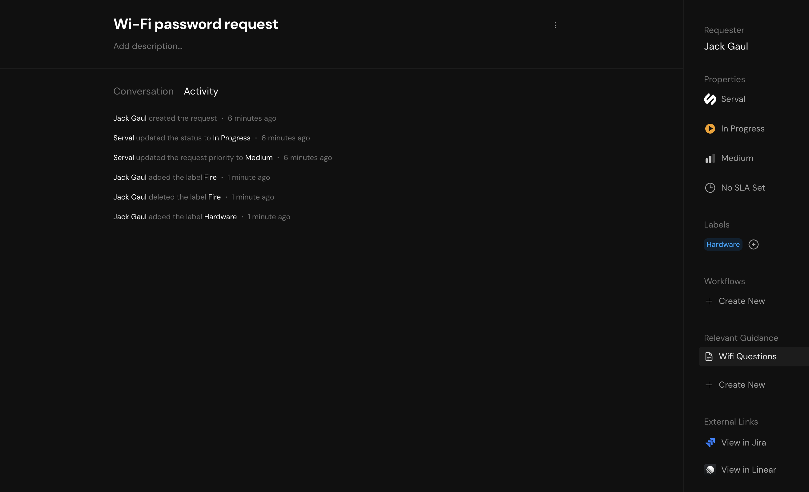 Ticket detail view showing activity log and conversation