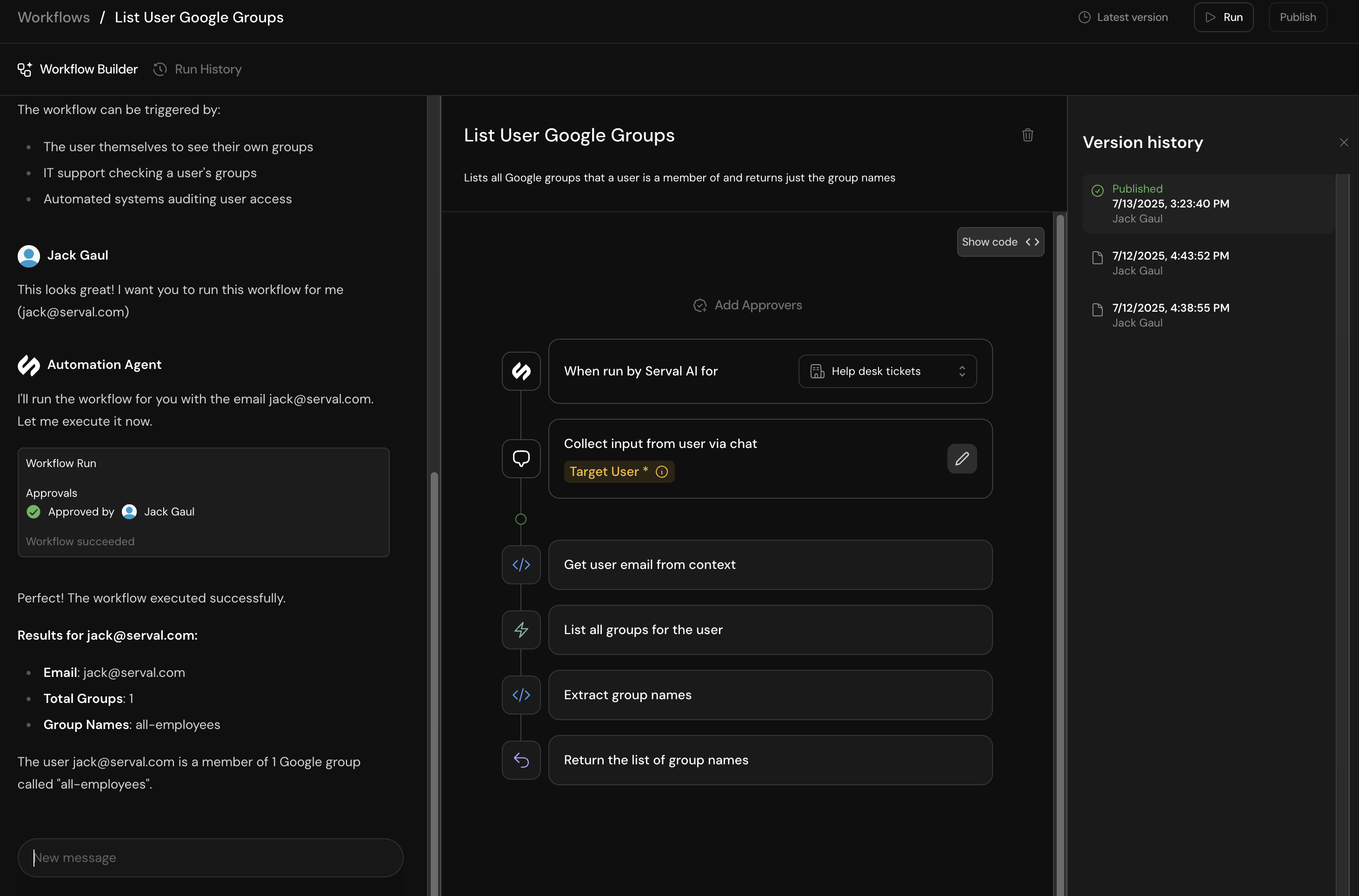 Version history sidebar opened