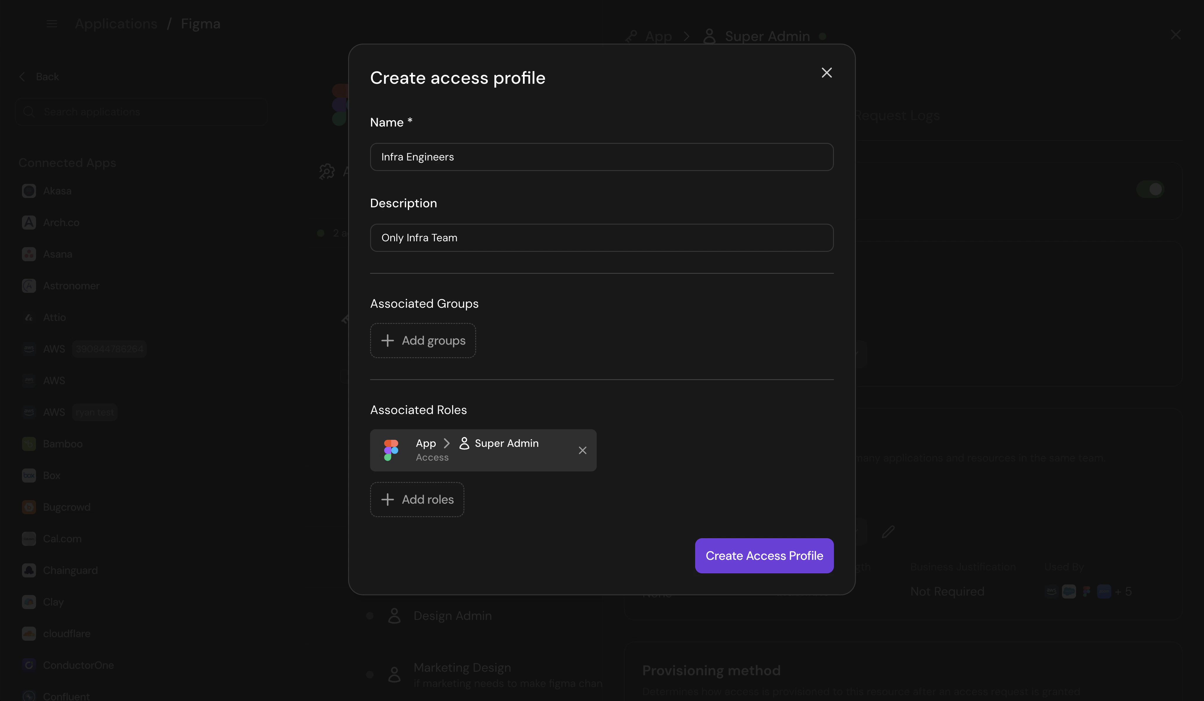 Access profile configuration form with name, description, and group settings