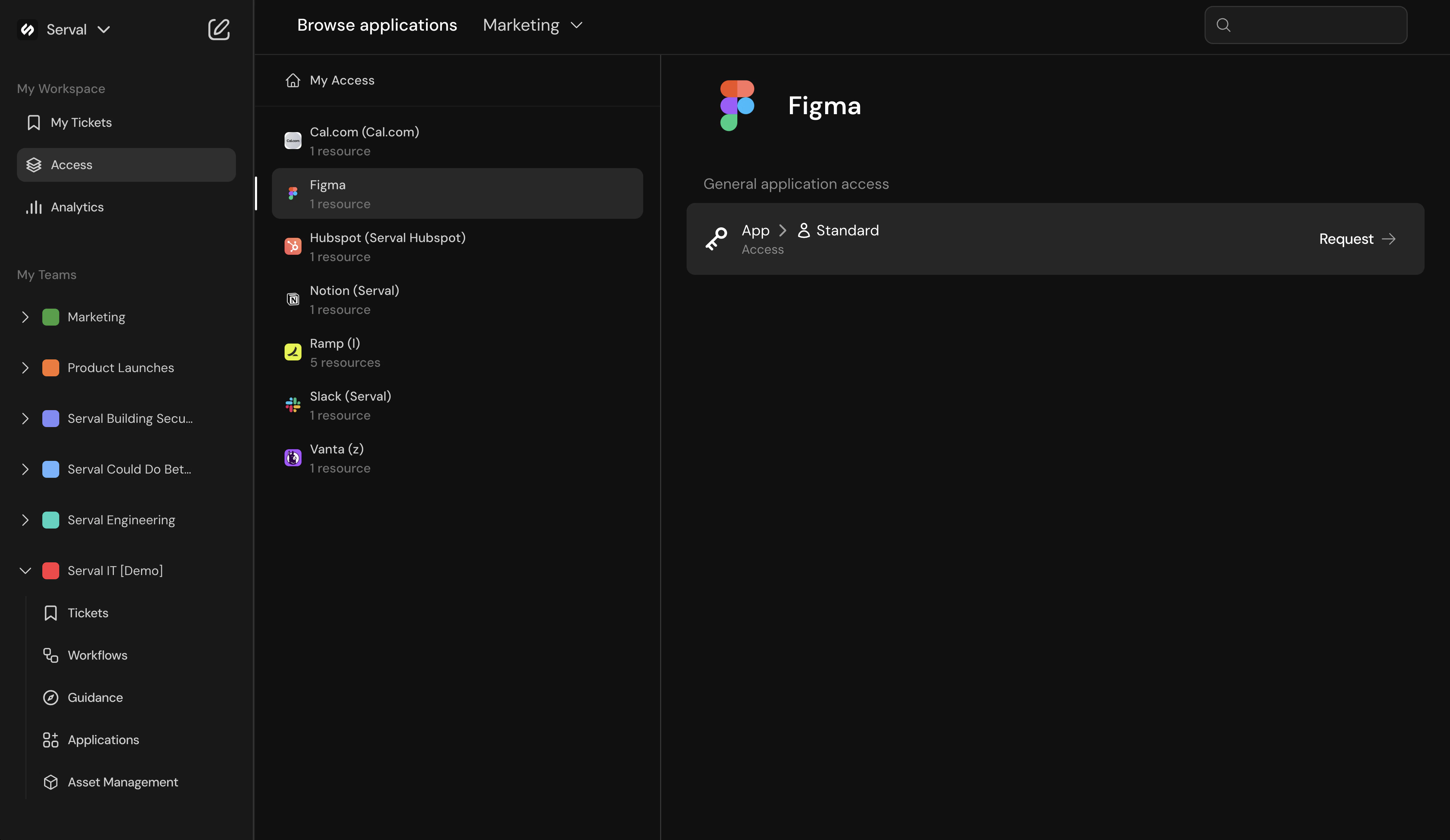 Serval application interface showing the access request form with app selection and role options