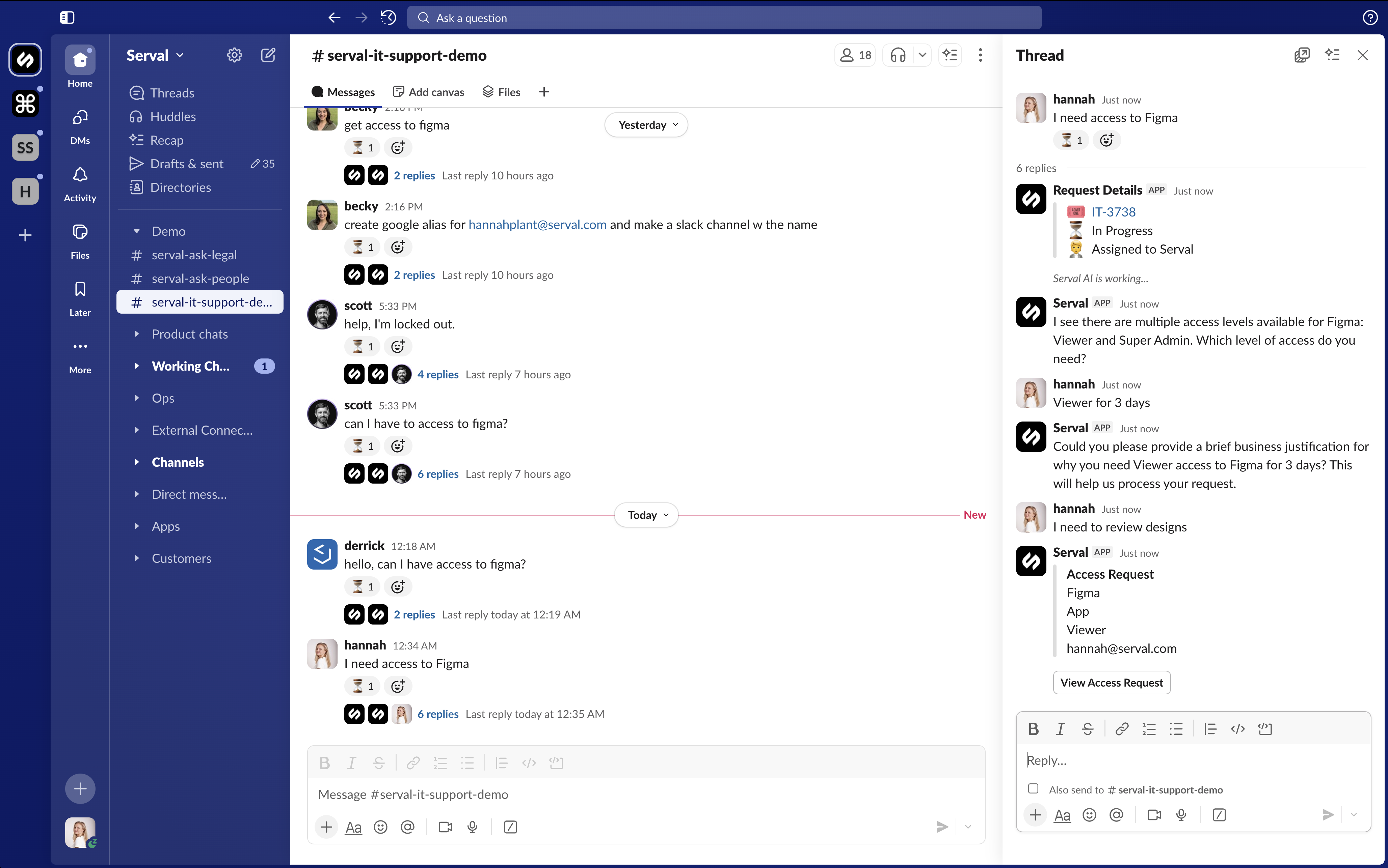 Slack conversation showing user requesting Figma access with Serval guiding them through role selection