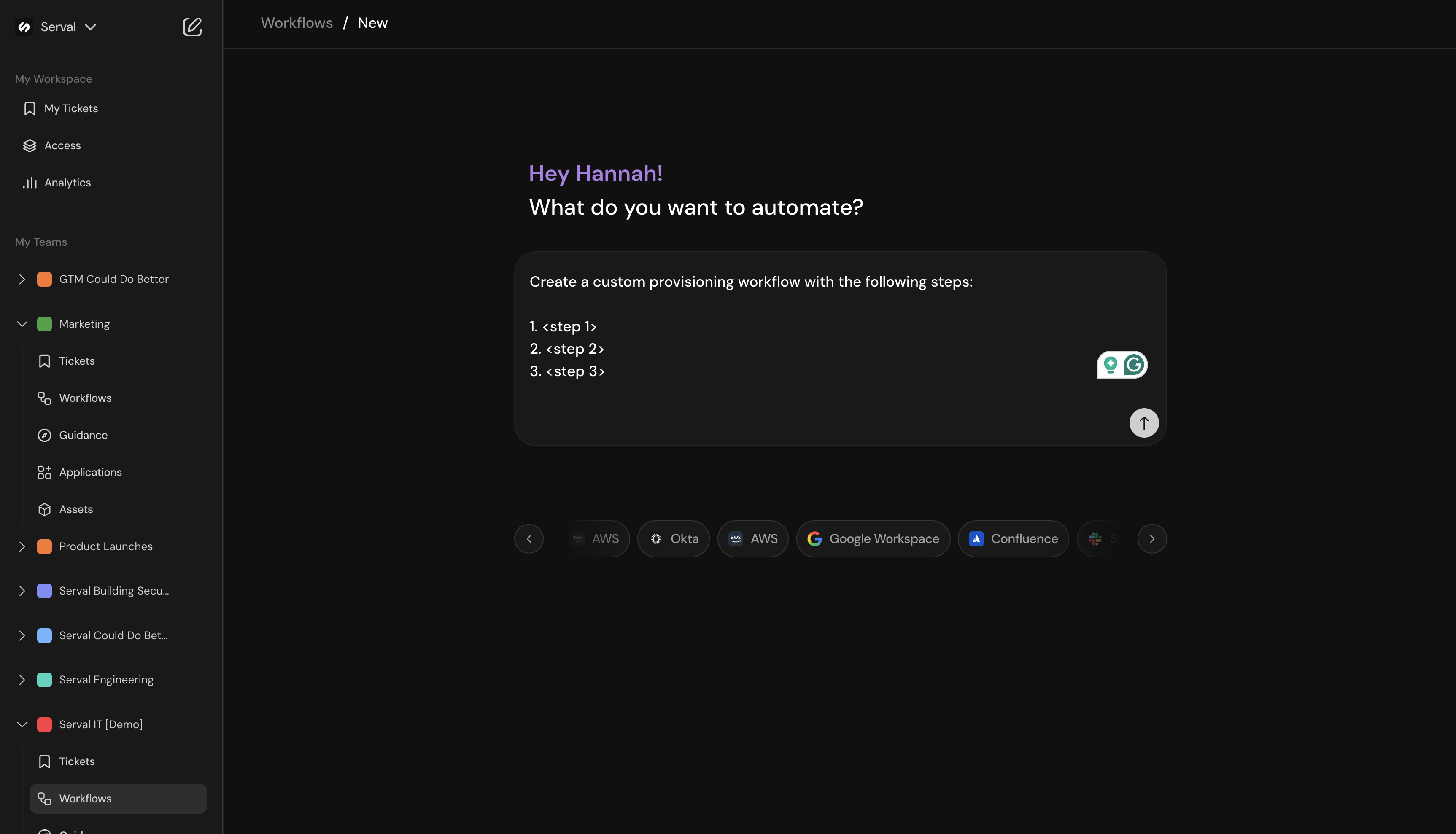 Custom provisioning workflow builder interface showing natural language input