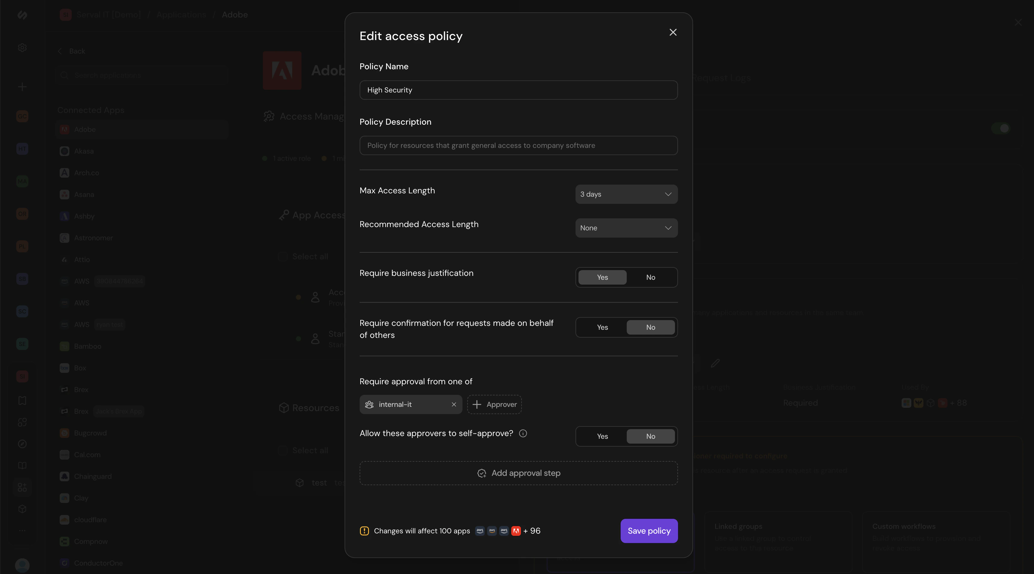 Access policy editor with duration, justification, and approval settings