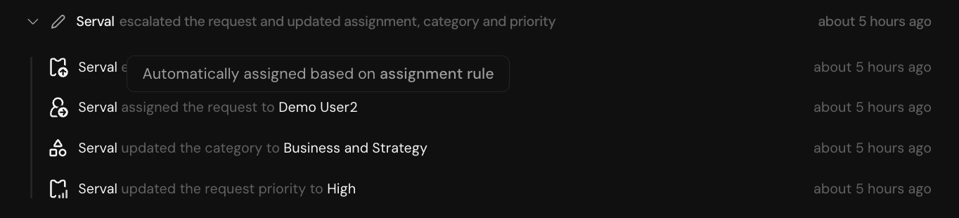Ticket activity feed showing a category change event