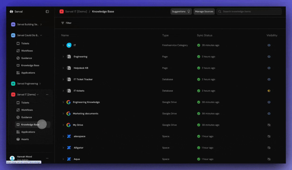 Knowledge base interface showing connected documentation sources