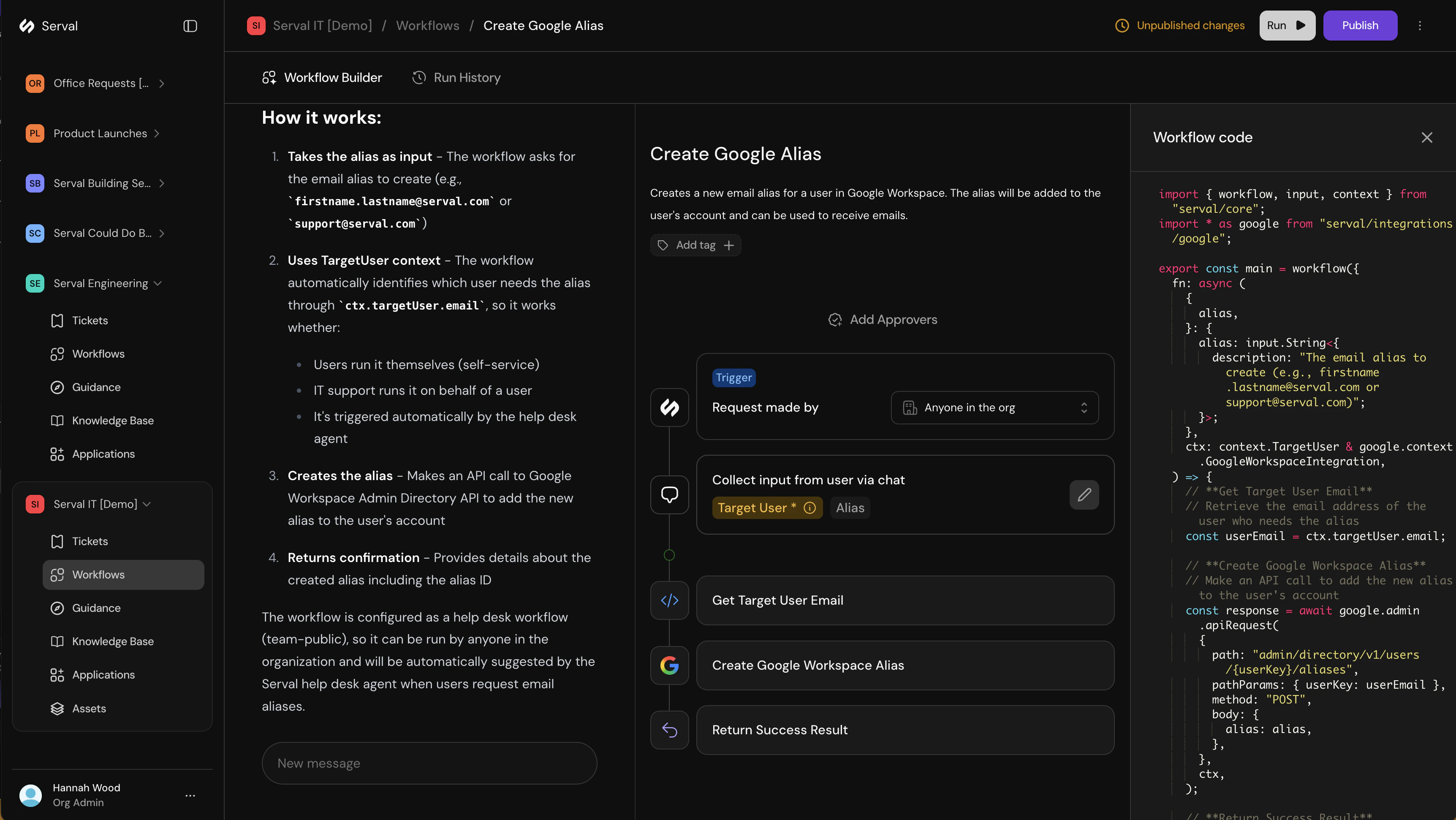 Workflow builder showing generated code and visual diagram
