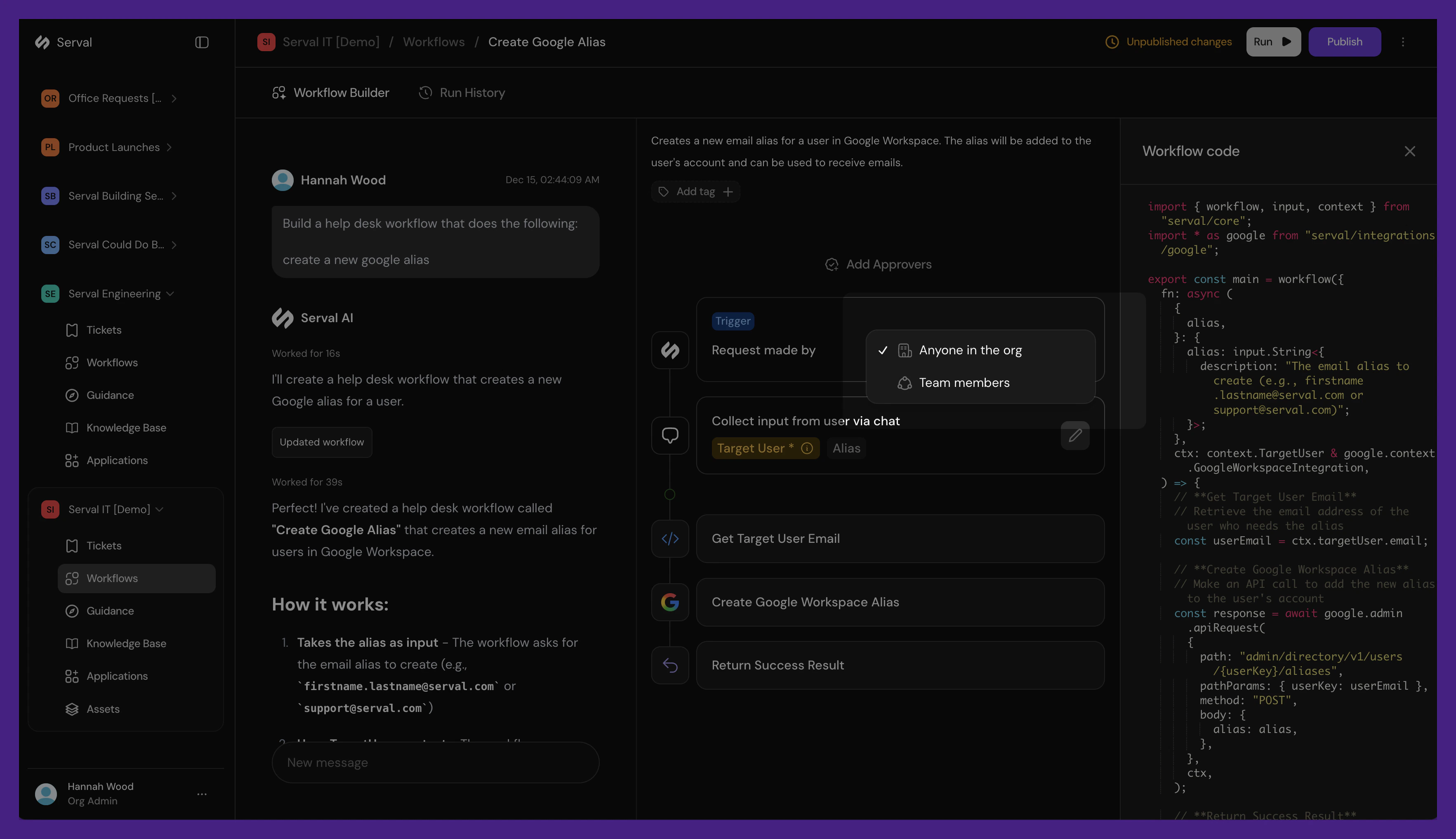 Workflow builder showing visibility scope selection