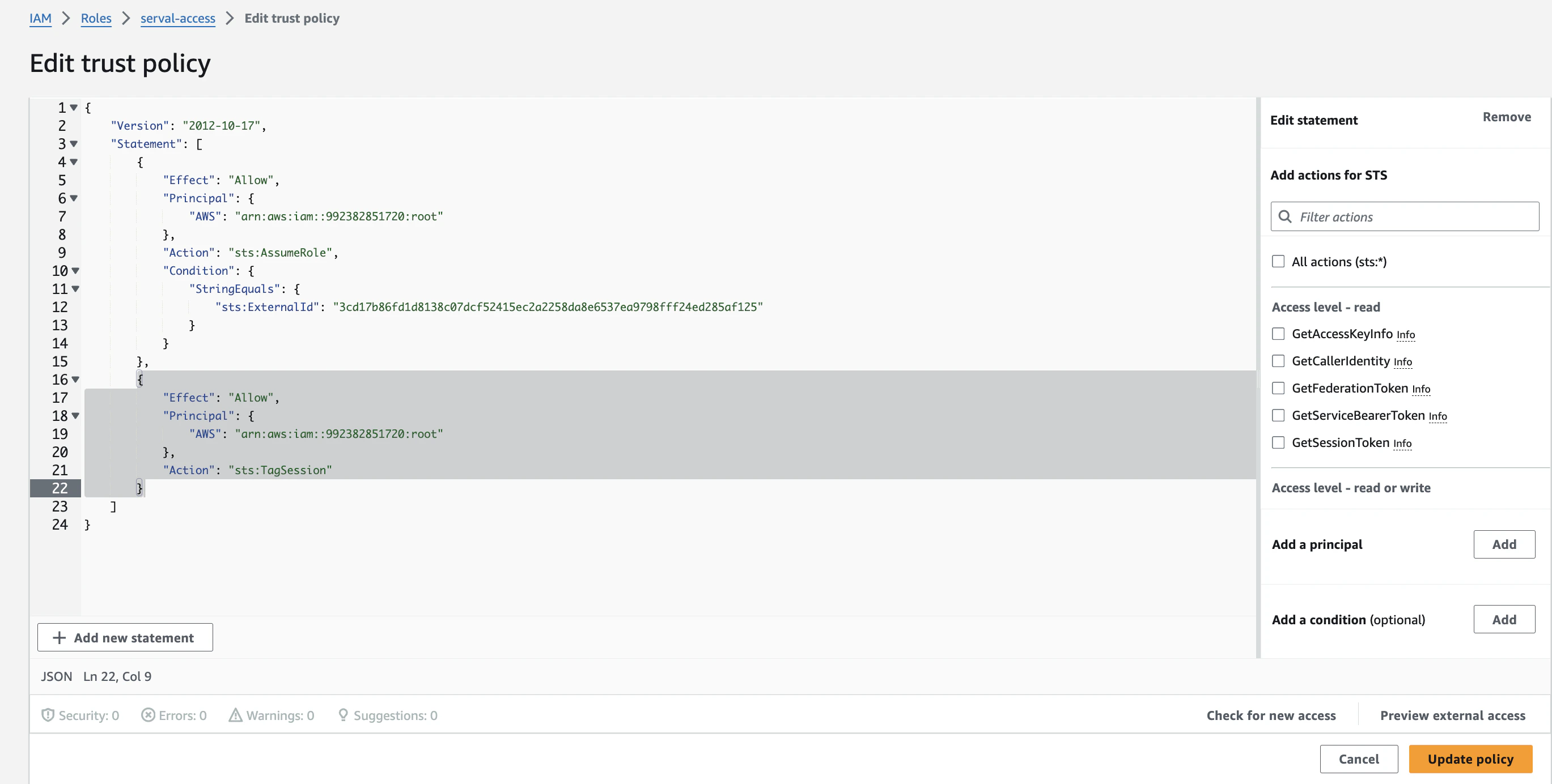 AWS trust policy JSON in the console