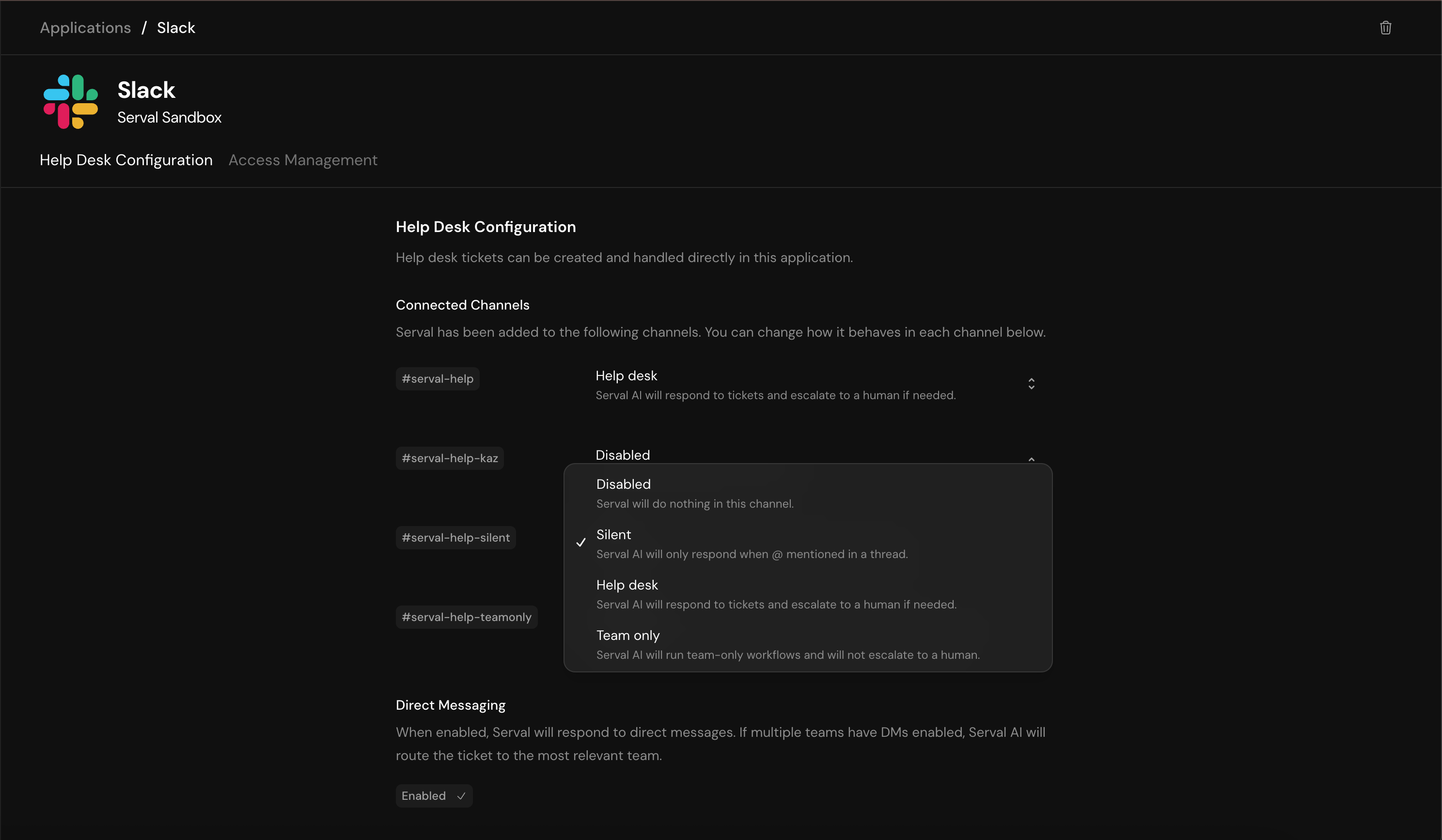 Slack Help Desk Configuration Screen