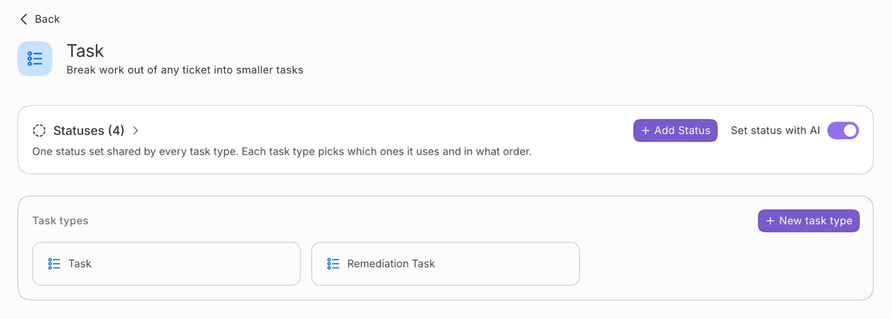 Task ticket type settings with the Statuses card and its Add Status button above the Task types list