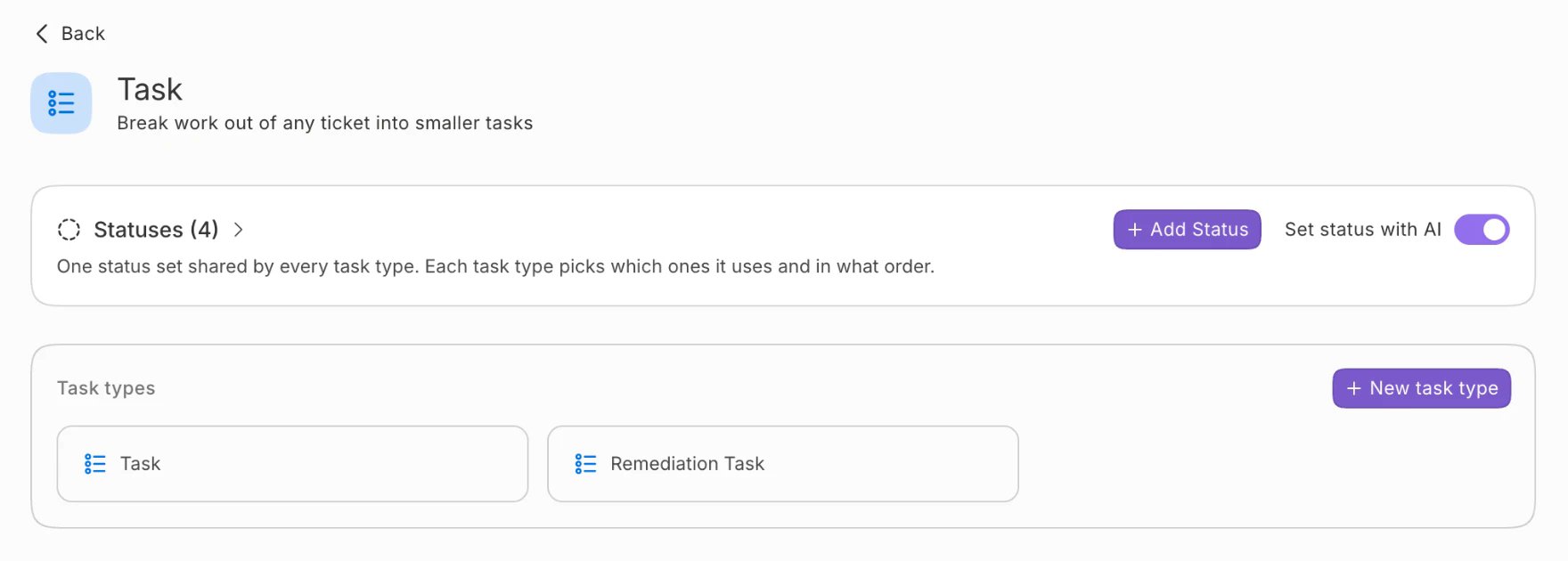Task ticket type settings with the Statuses card and its Add Status button above the Task types list