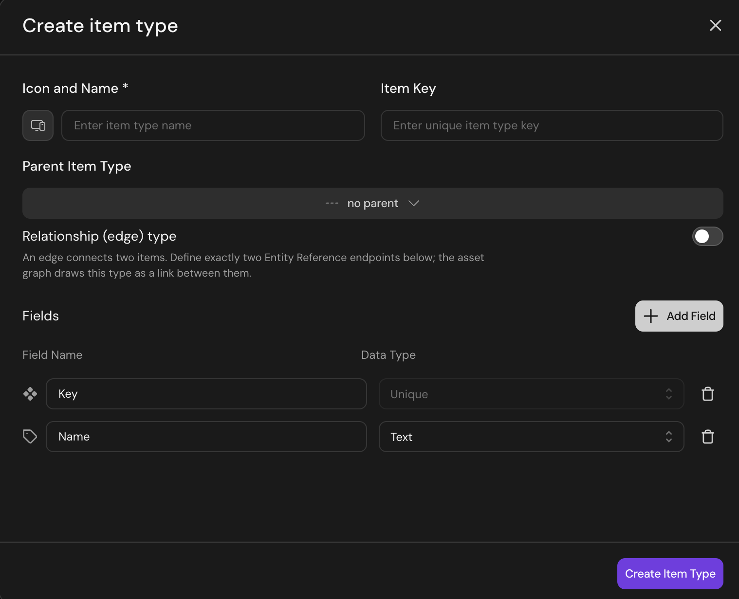 Create item type dialog showing icon and name, item key, parent item type, and the key and name fields