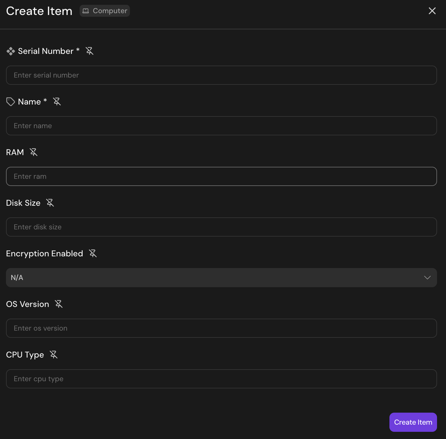 Create Item dialog with serial number and name required, plus optional fields like RAM, disk size, and OS version