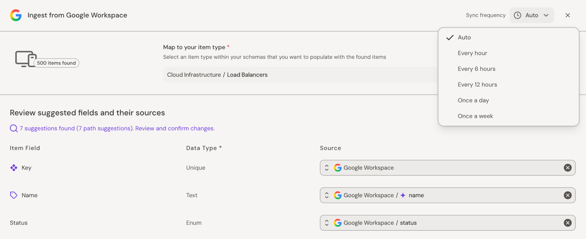 Ingestion configuration for a Google Workspace source with the sync frequency dropdown open and mapped item fields