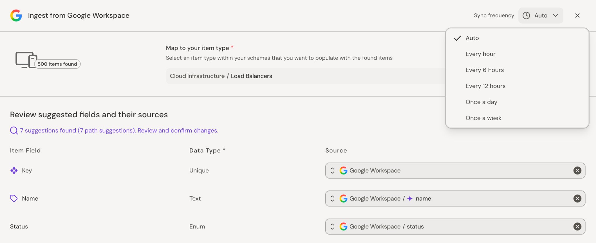 Ingestion configuration for a Google Workspace source with the sync frequency dropdown open and mapped item fields