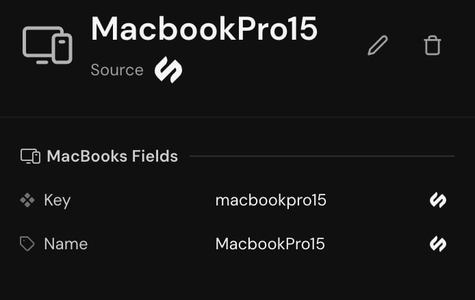 Item detail view for a MacbookPro15 item showing its key and name fields and source