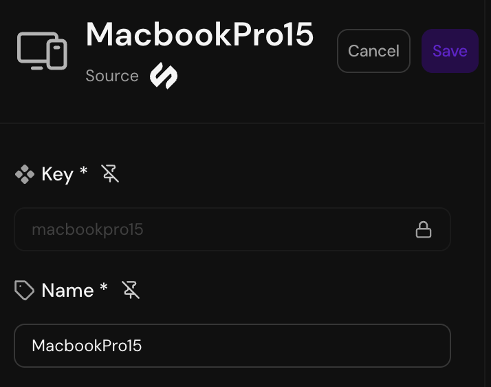 Item edit view for MacbookPro15 with editable name field and Save and Cancel actions