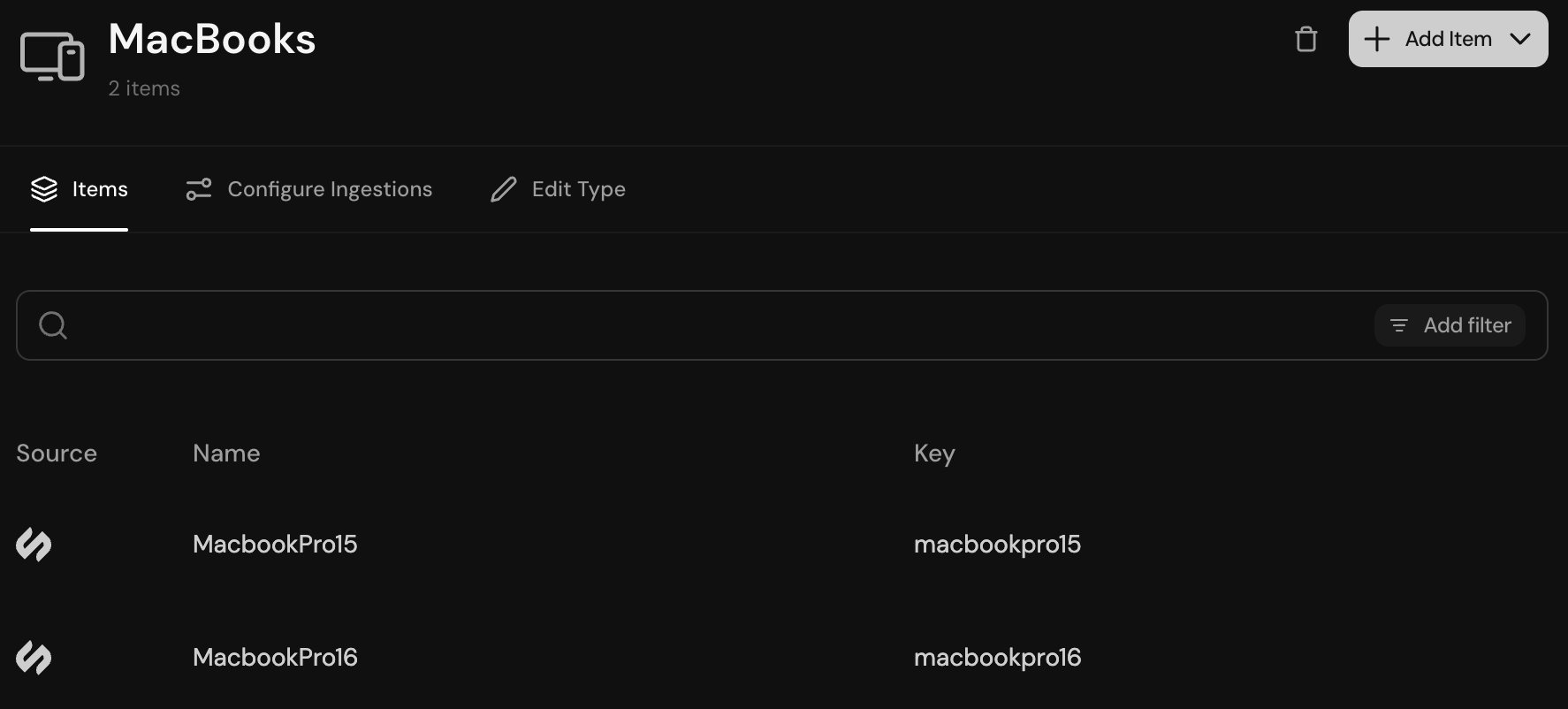 List view for a MacBooks item type showing source, name, and key columns with search and filter controls