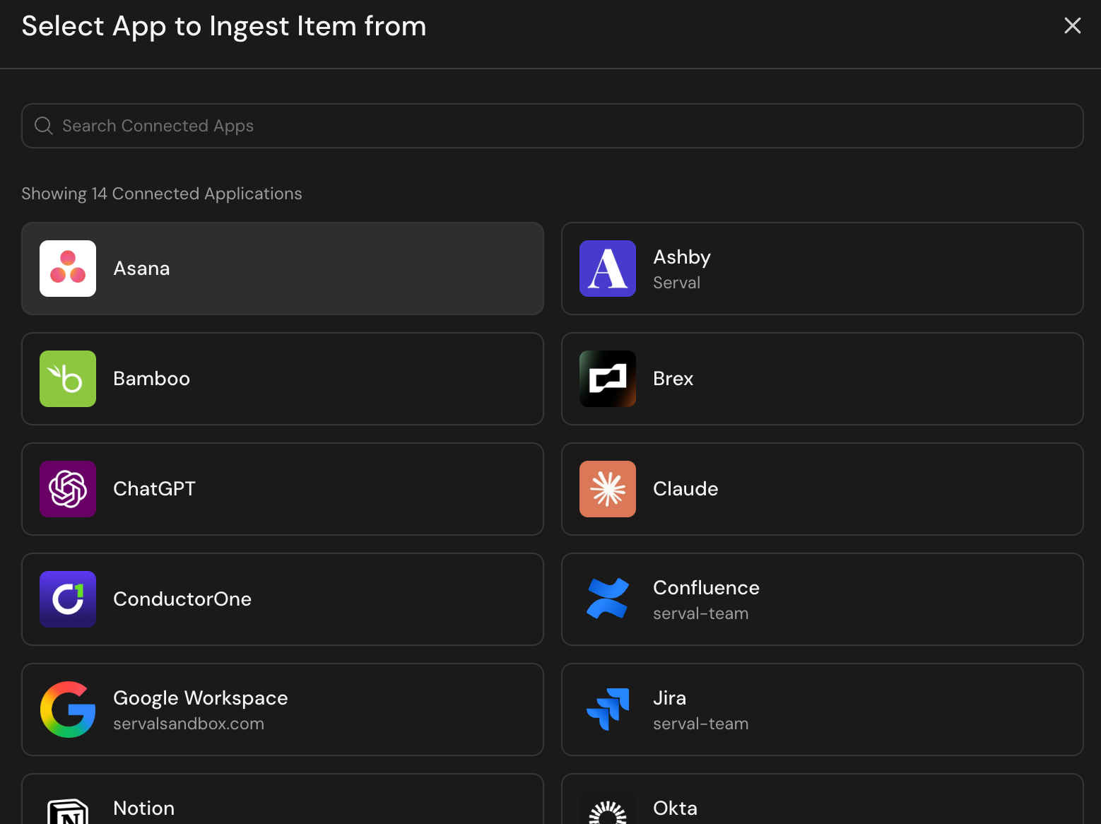 Select App to Ingest Item from dialog listing connected applications