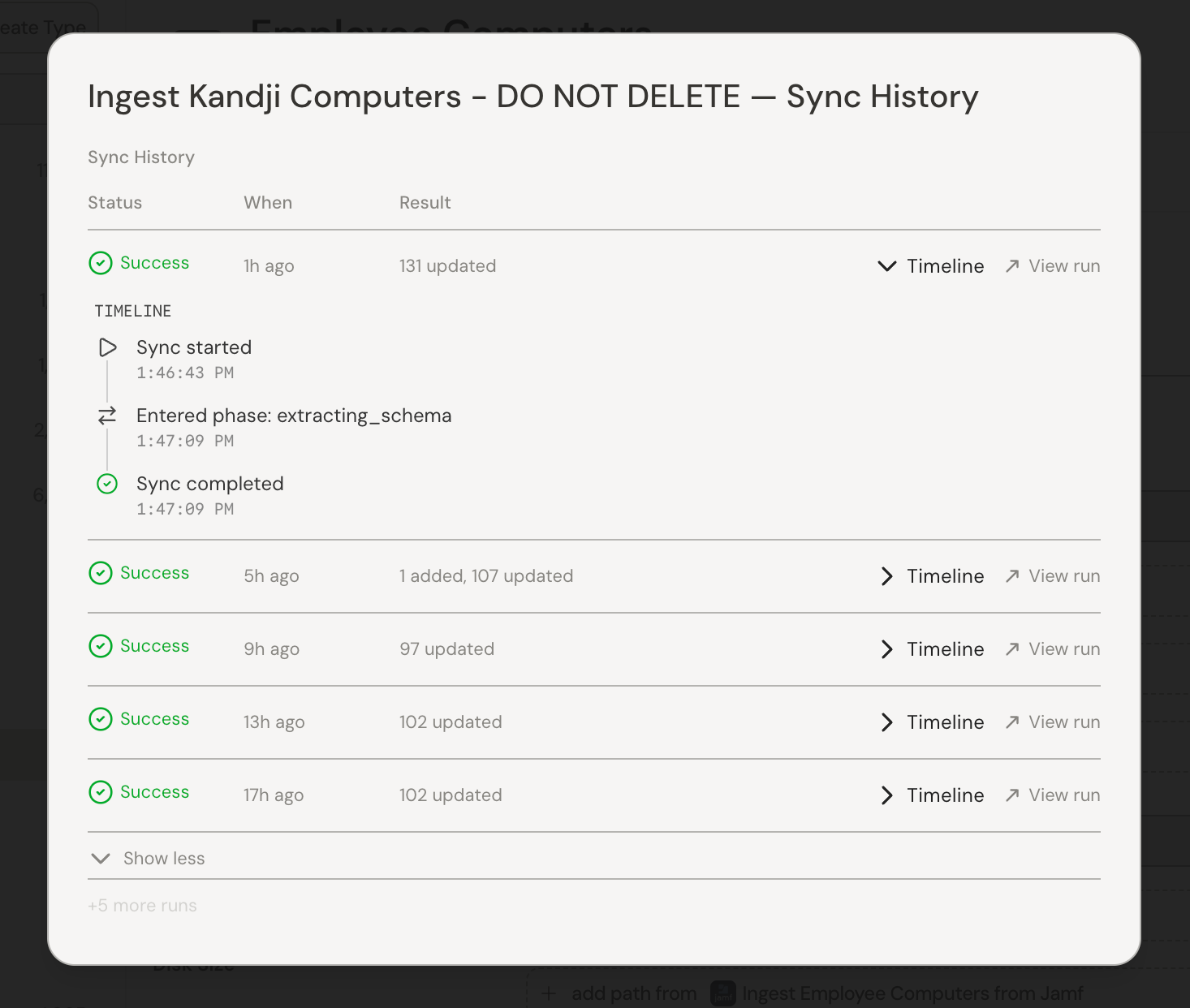 Sync history panel listing recent syncs with status, time, and records updated, plus an expanded run timeline