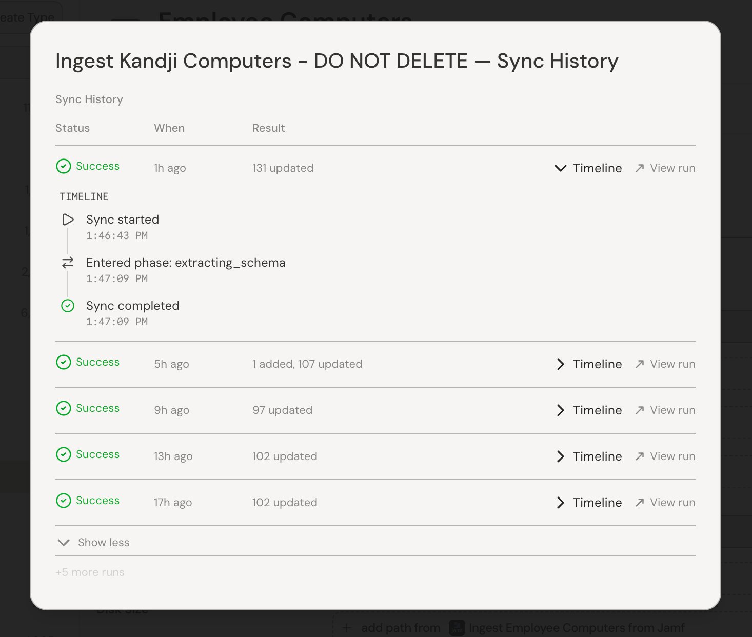 Sync history panel listing recent syncs with status, time, and records updated, plus an expanded run timeline