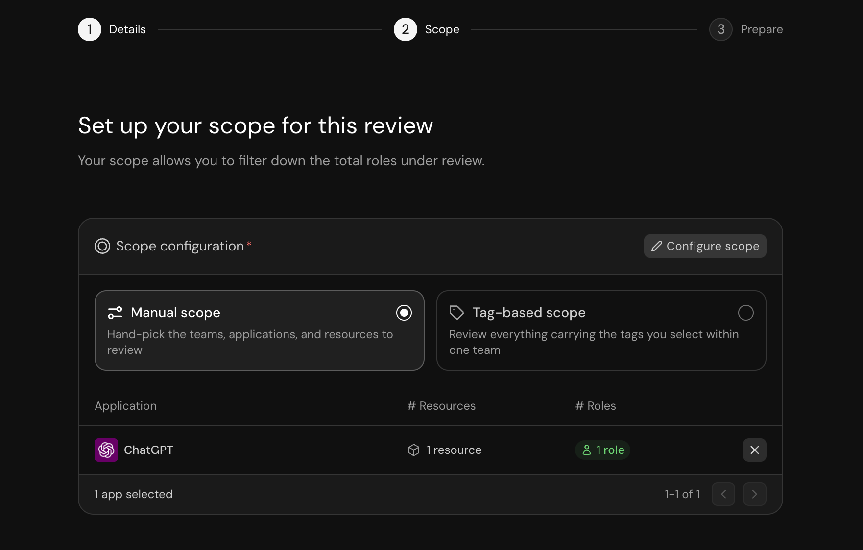 Scope step with Manual scope selected and one application added