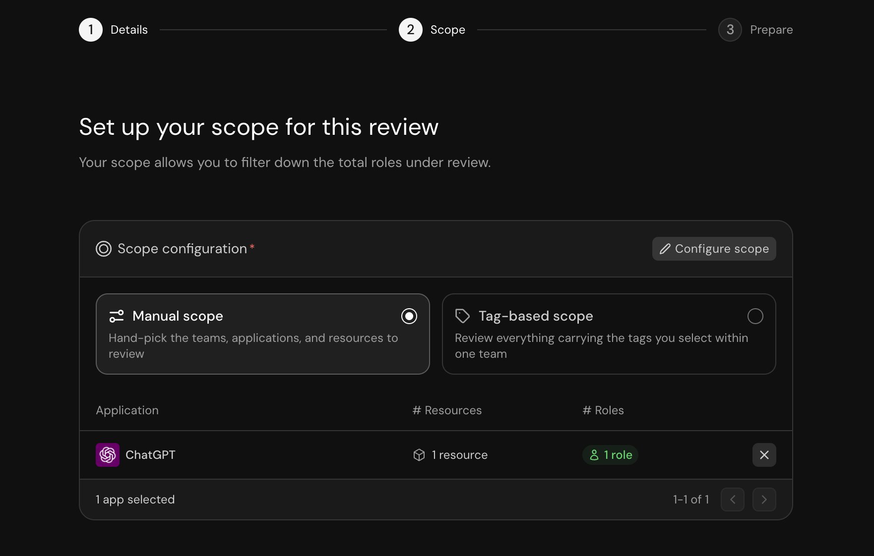 Scope step with Manual scope selected and one application added