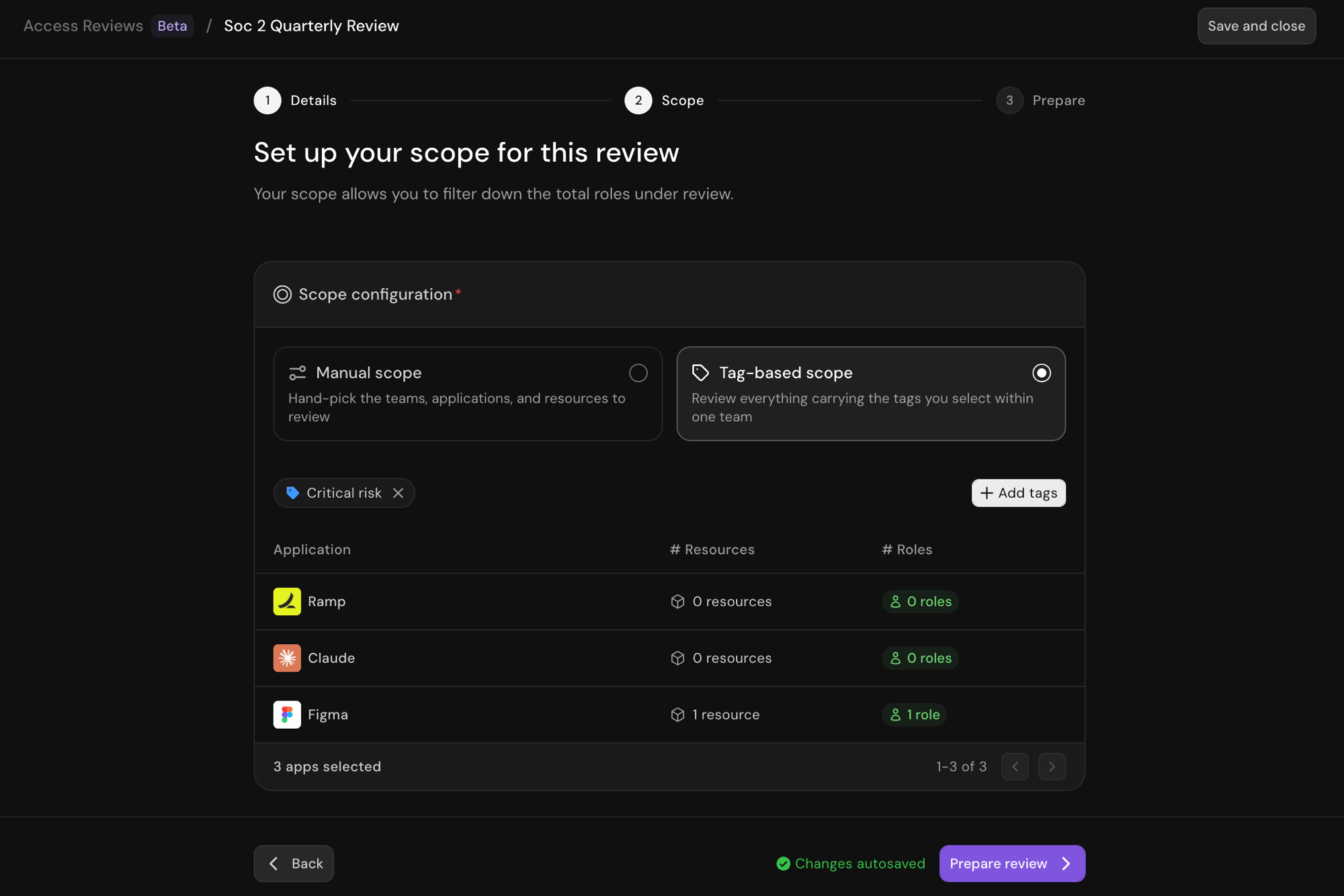Scope step with Tag-based scope selected, a tag applied, and the matching applications listed